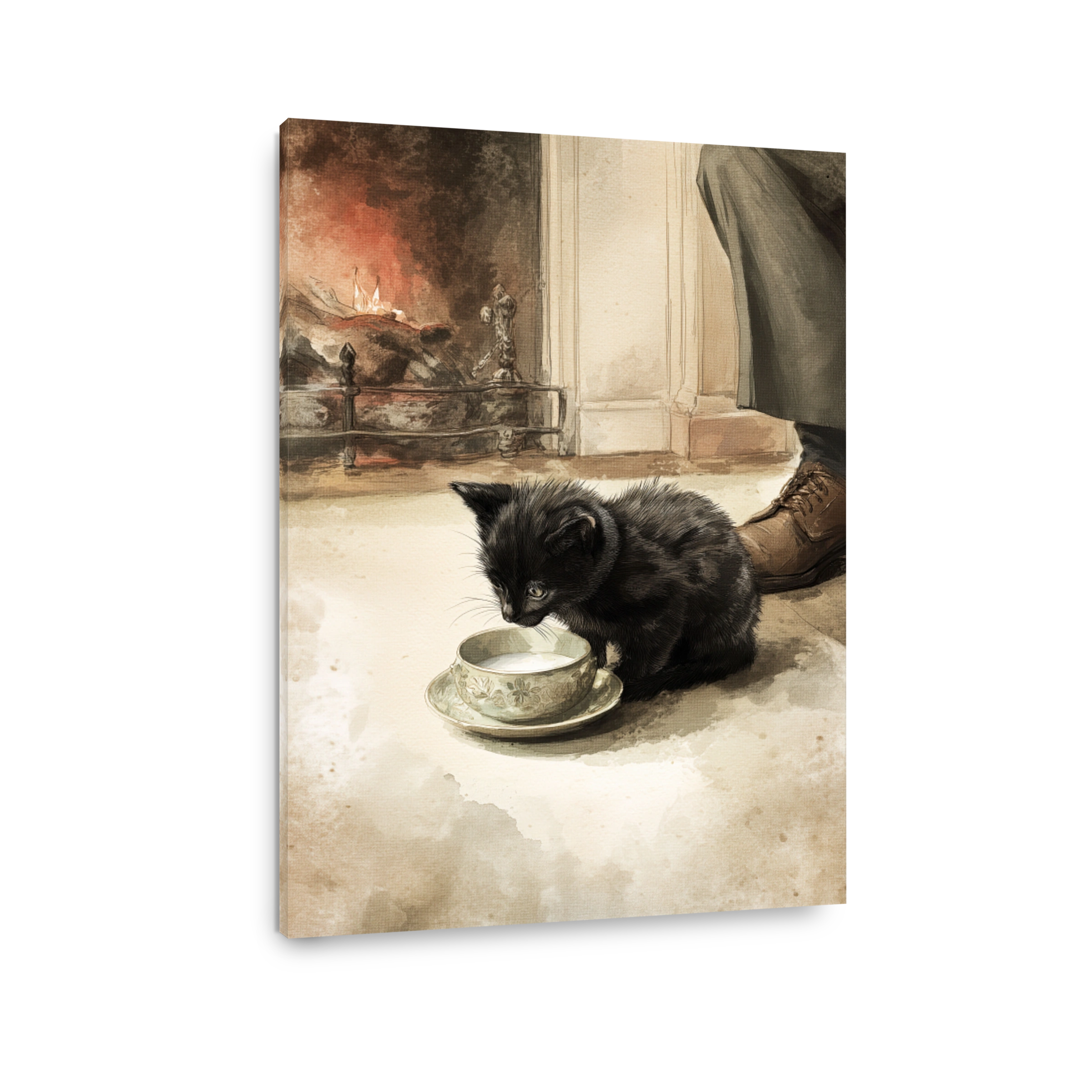 Nostalgic Kitten Drinking Milk Watercolour Art