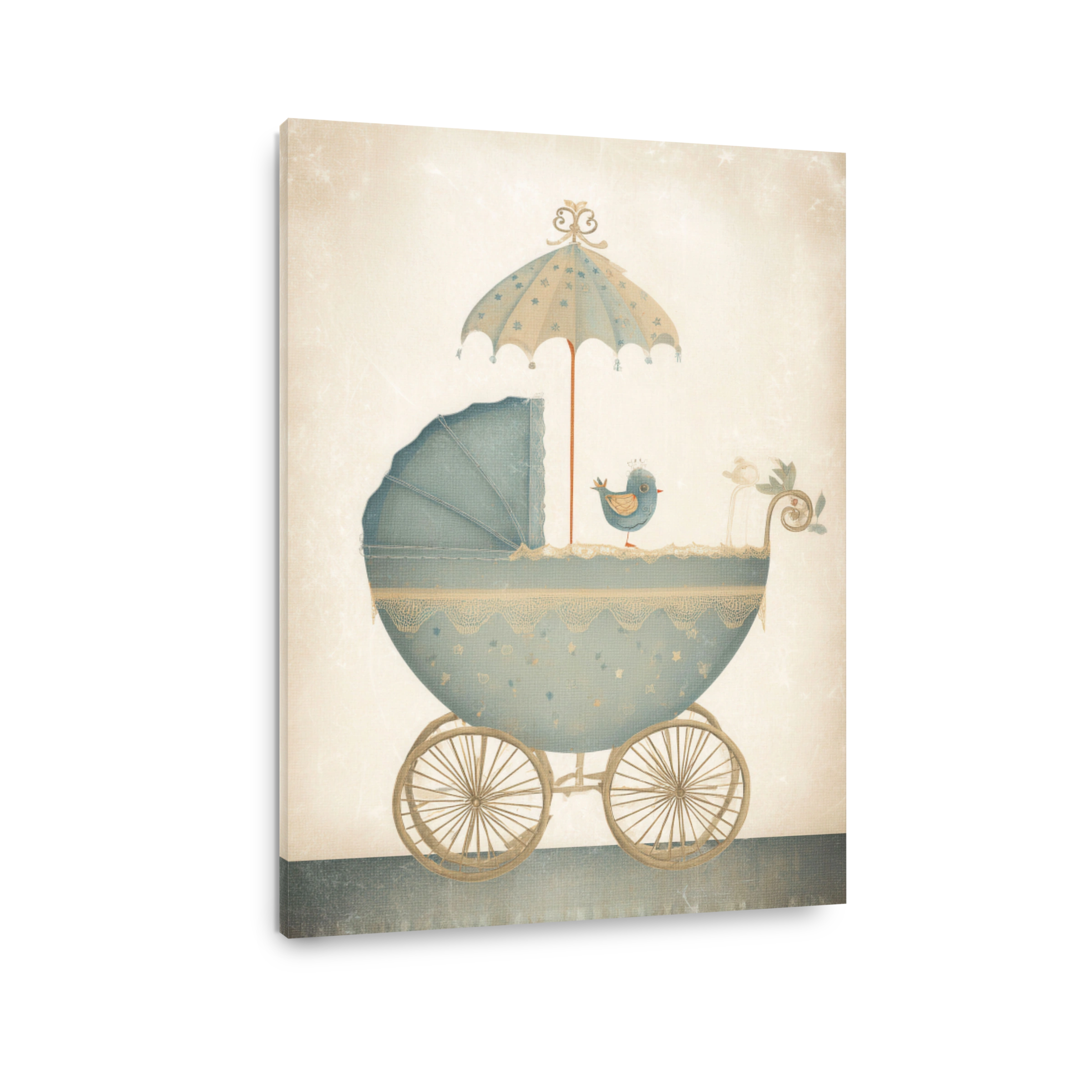 Whimsical baby pram with bird illustration