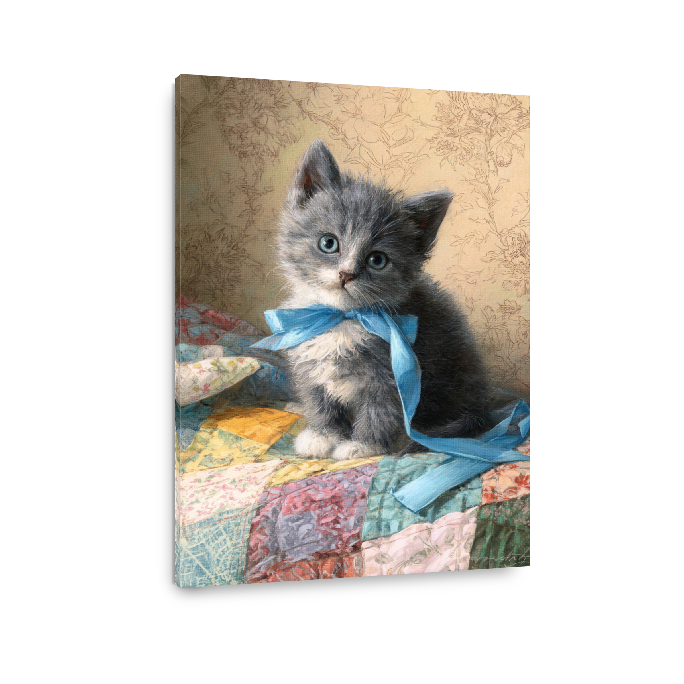 Sweet kitten with blue ribbon oil painting