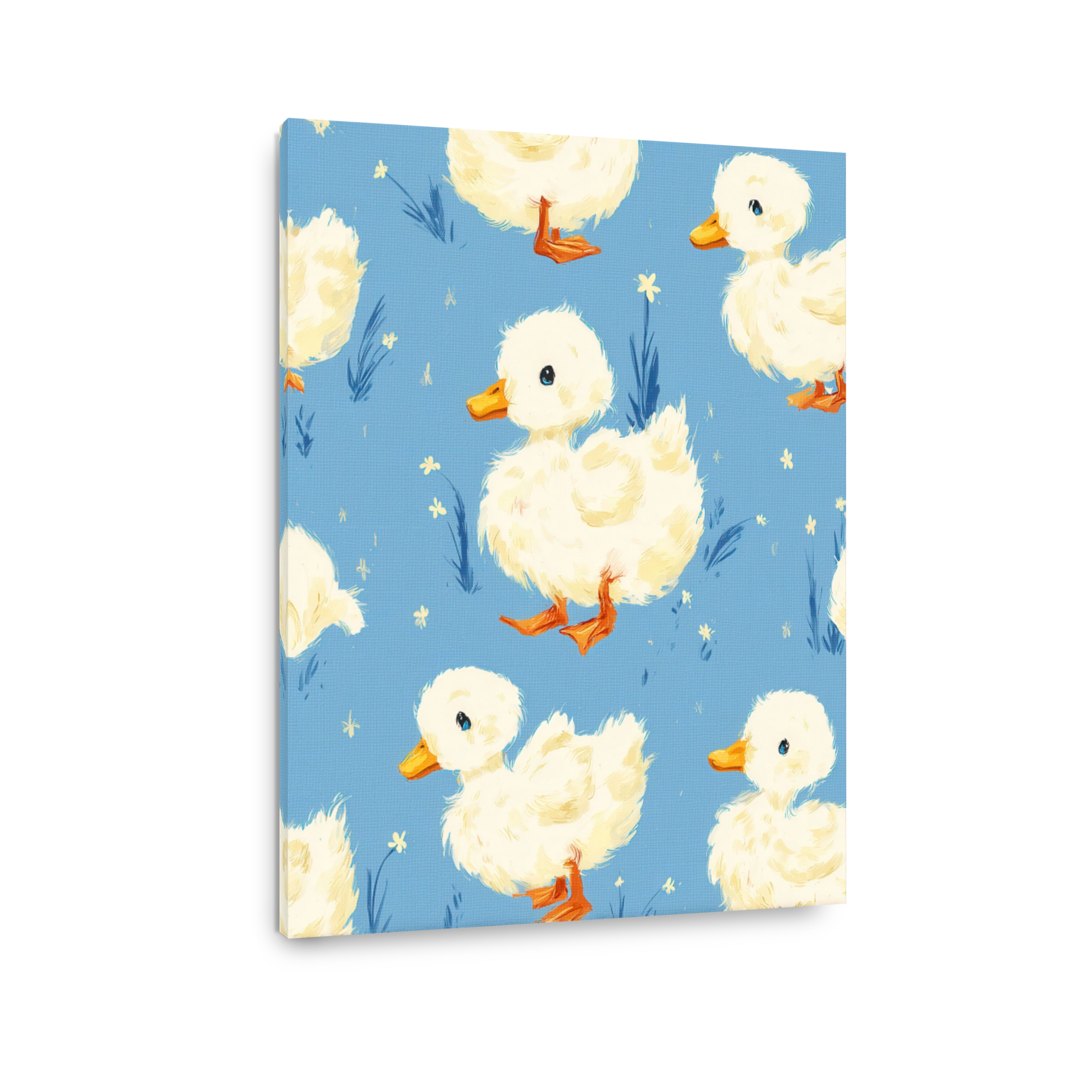 Playful Ducklings on Blue Canvas Art
