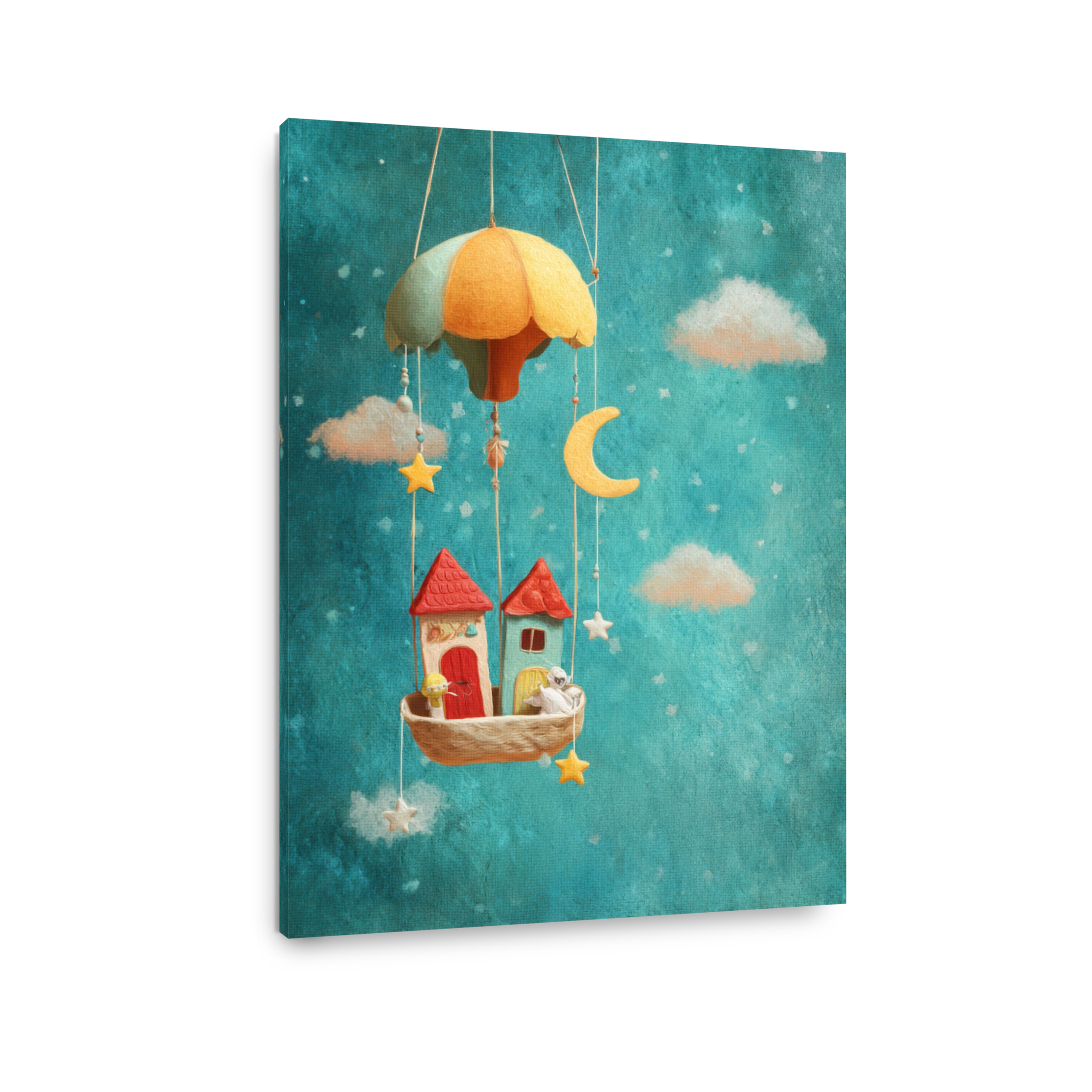 Whimsical Hot Air Balloon Mobile with Houses Canvas Art