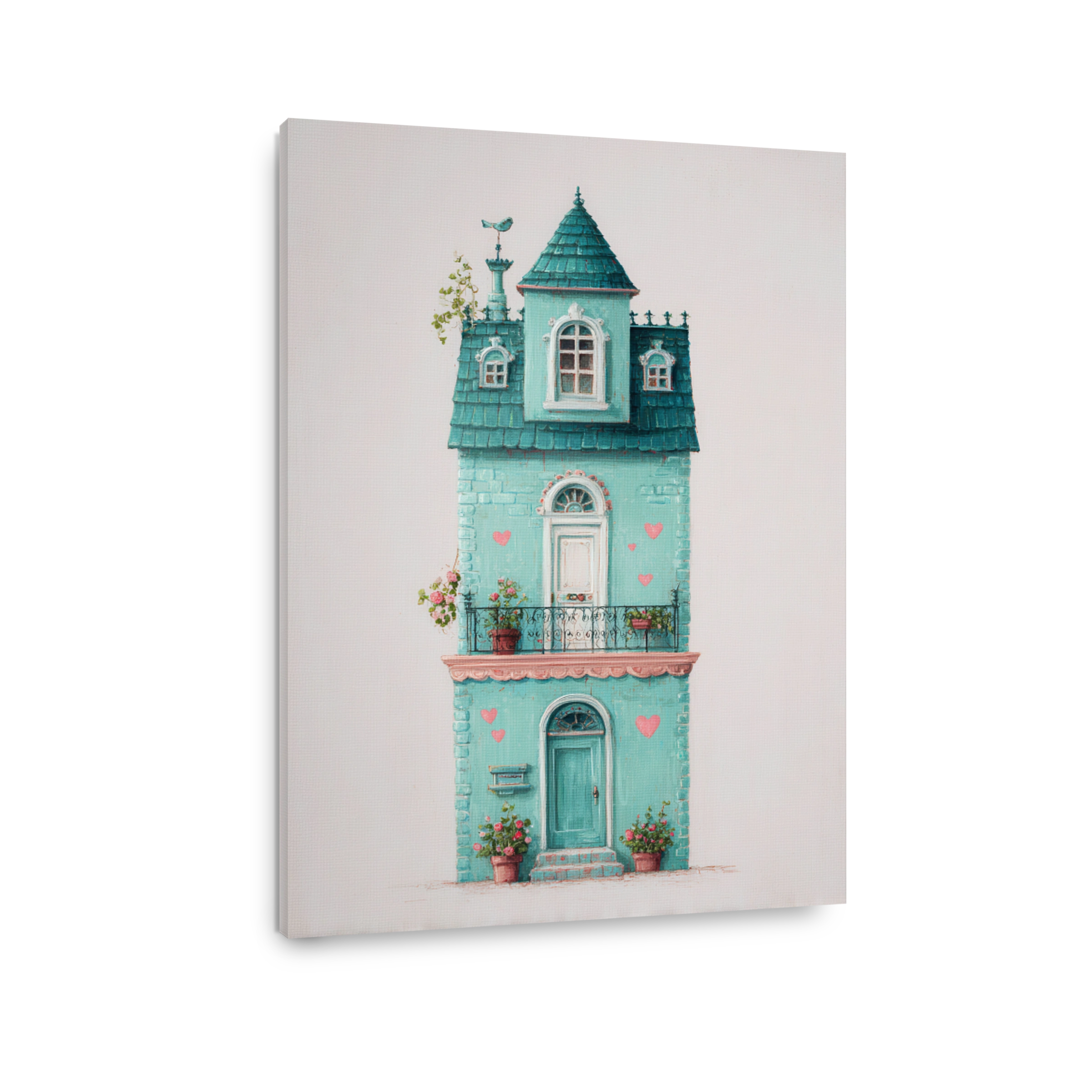 Whimsical Teal House Oil Painting