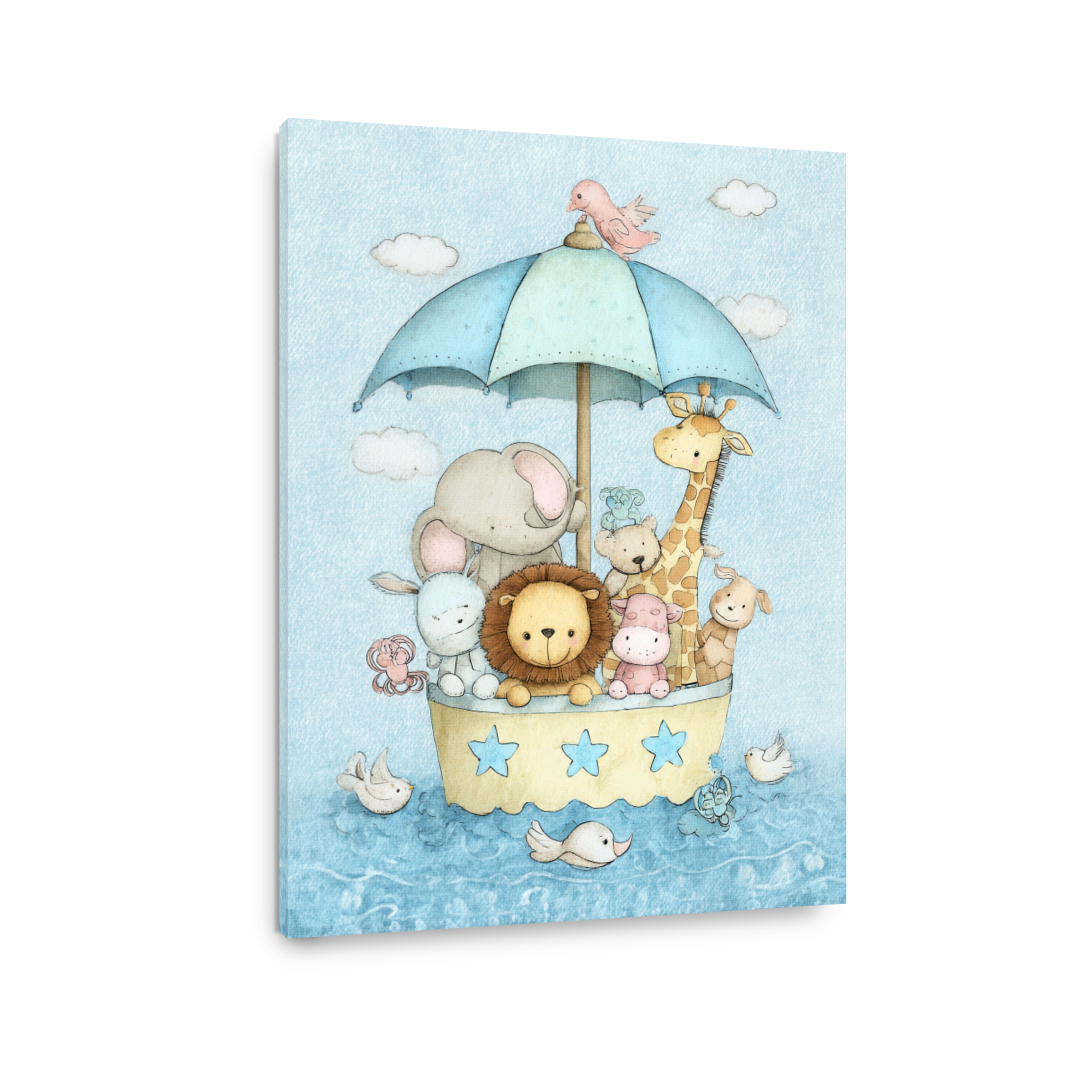 Whimsical Stuffed Animals Under Umbrella Watercolour Art