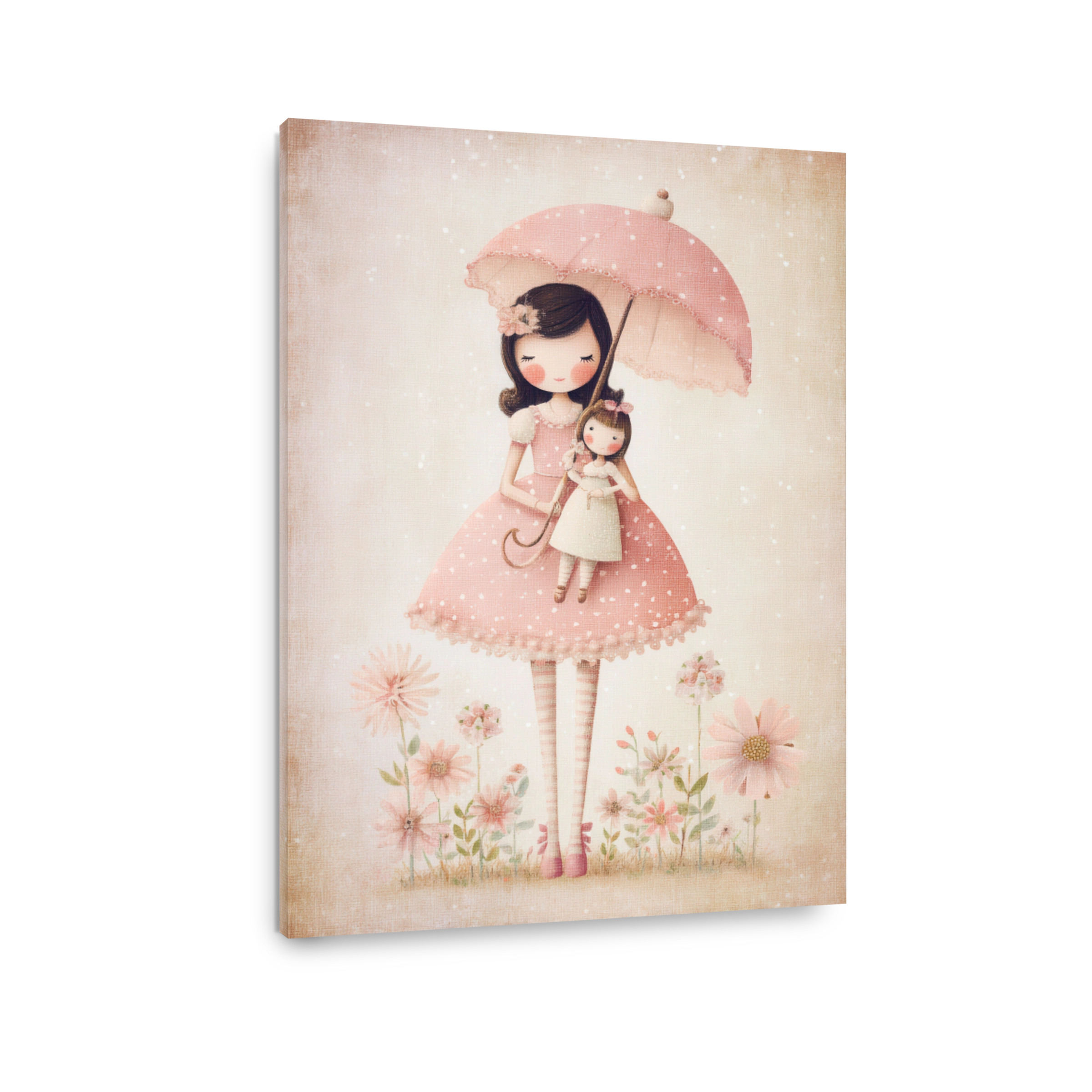 Whimsical Girl Holding Doll Under Pink Umbrella Art