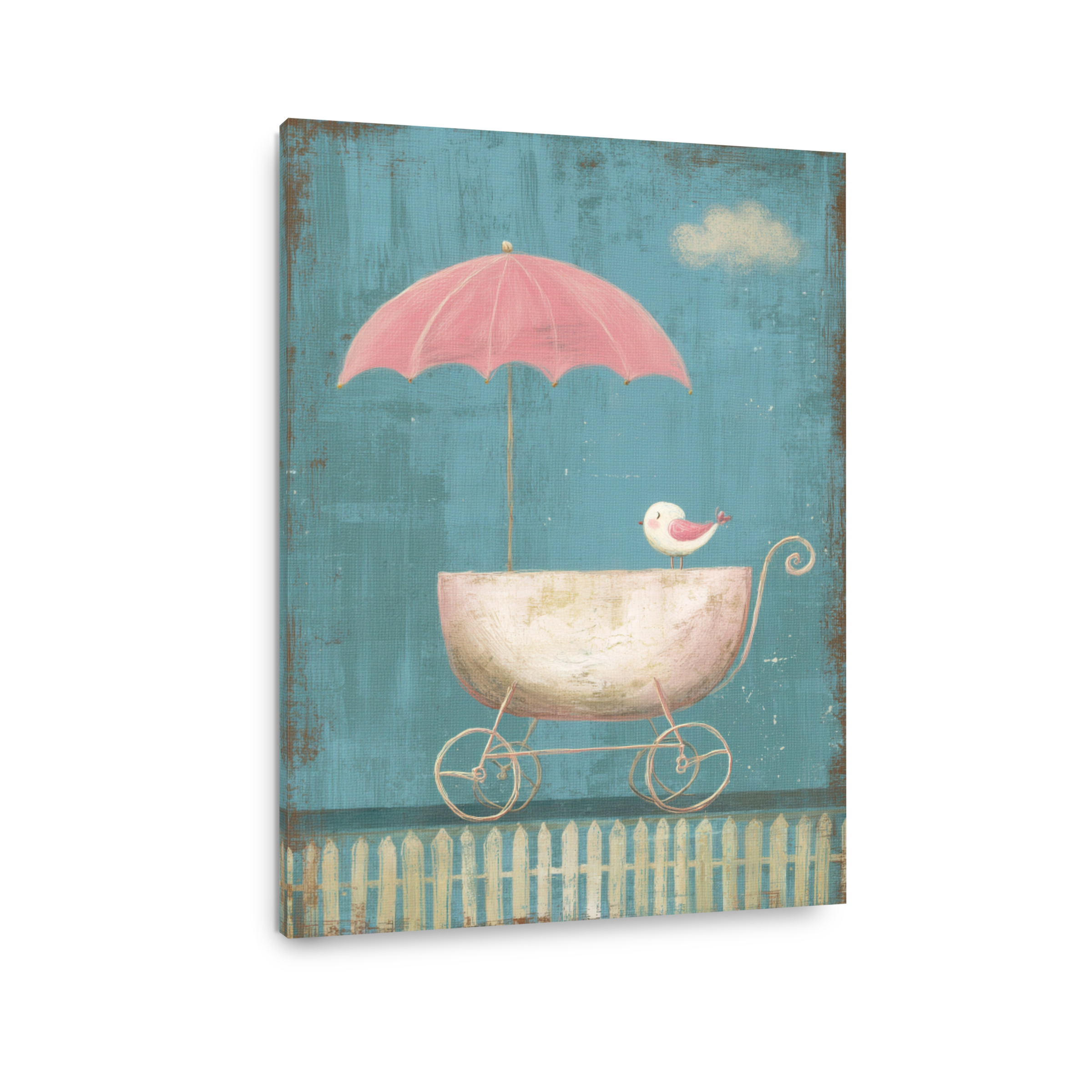 Whimsical baby carriage with bird and umbrella canvas print