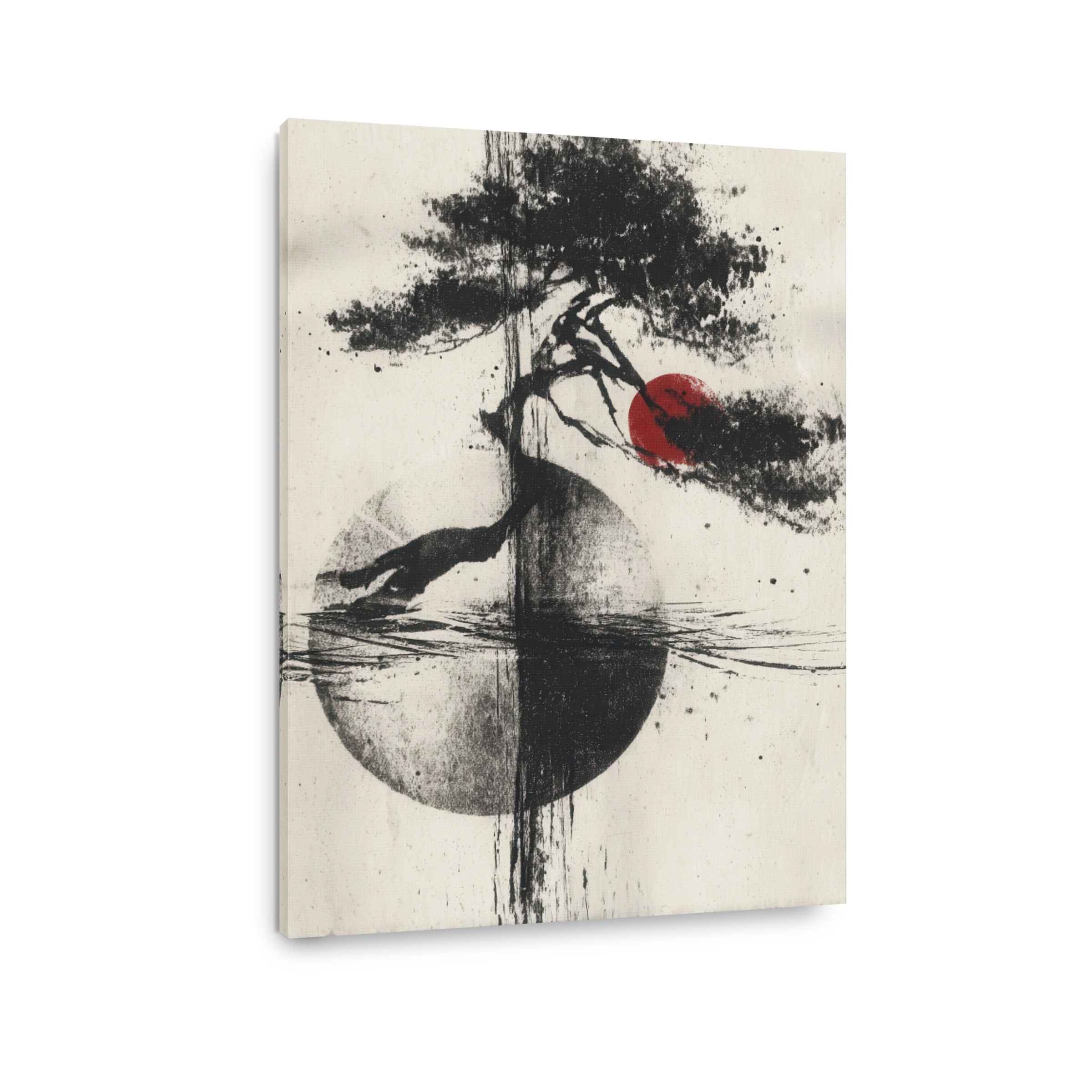 Serene Bonsai Tree Ink Wash Painting