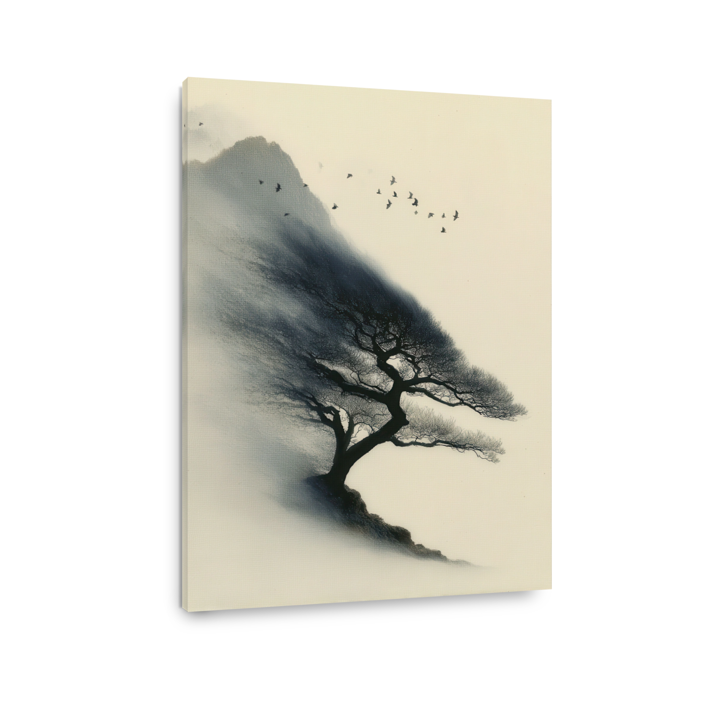 Serene ink wash painting of a windswept tree