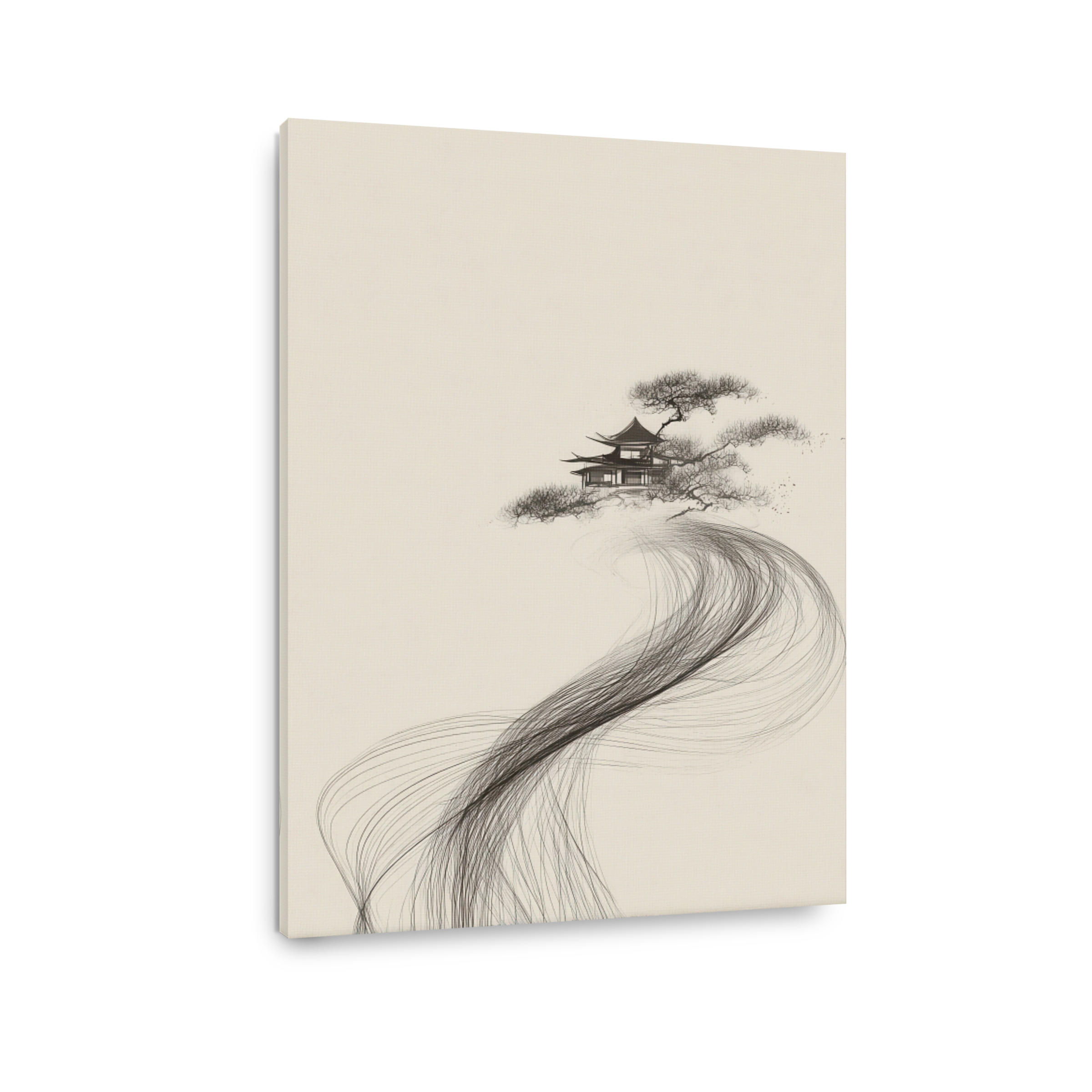 Serene Japanese Temple Ink Wash Painting
