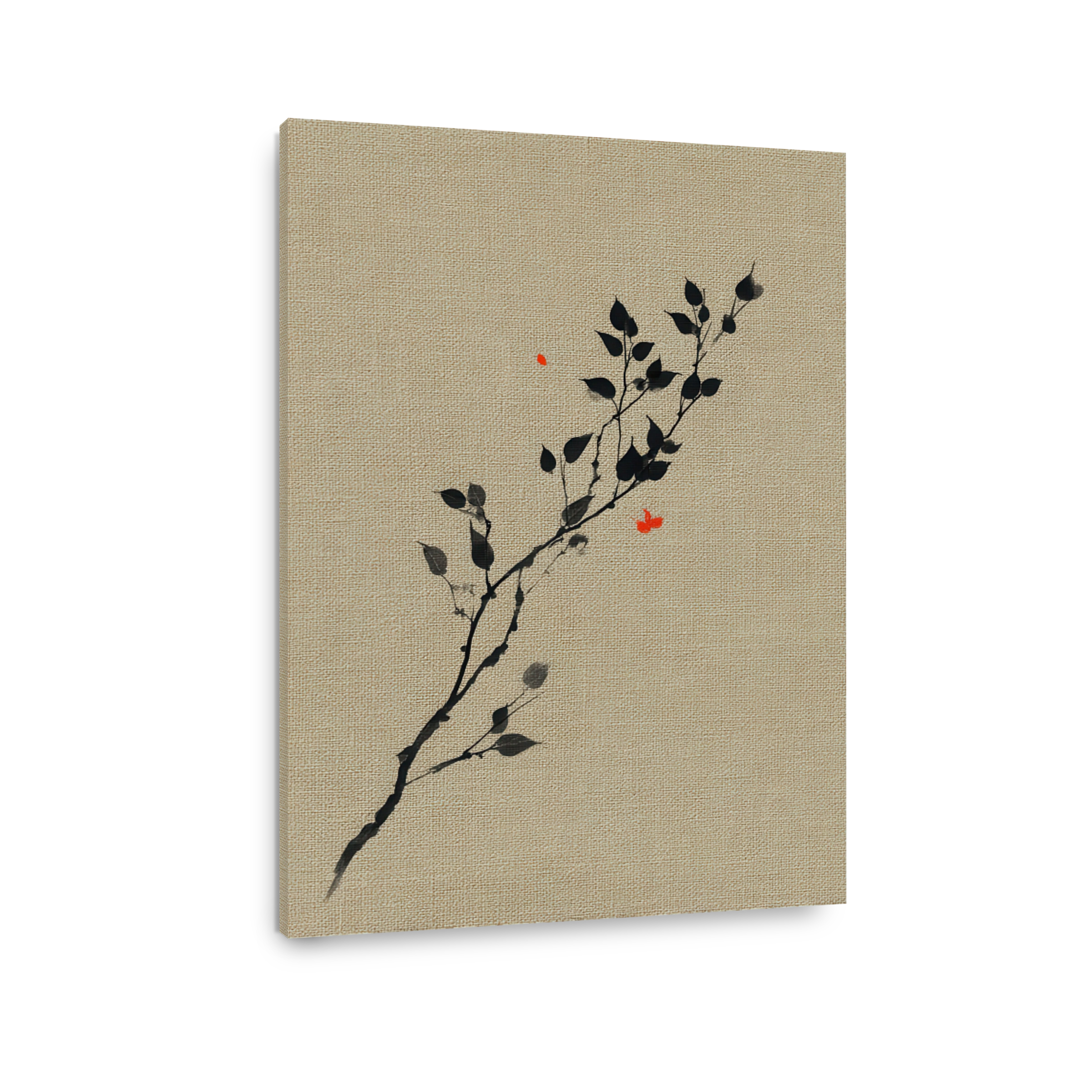 Serene Ink Painting of a Branch with Leaves