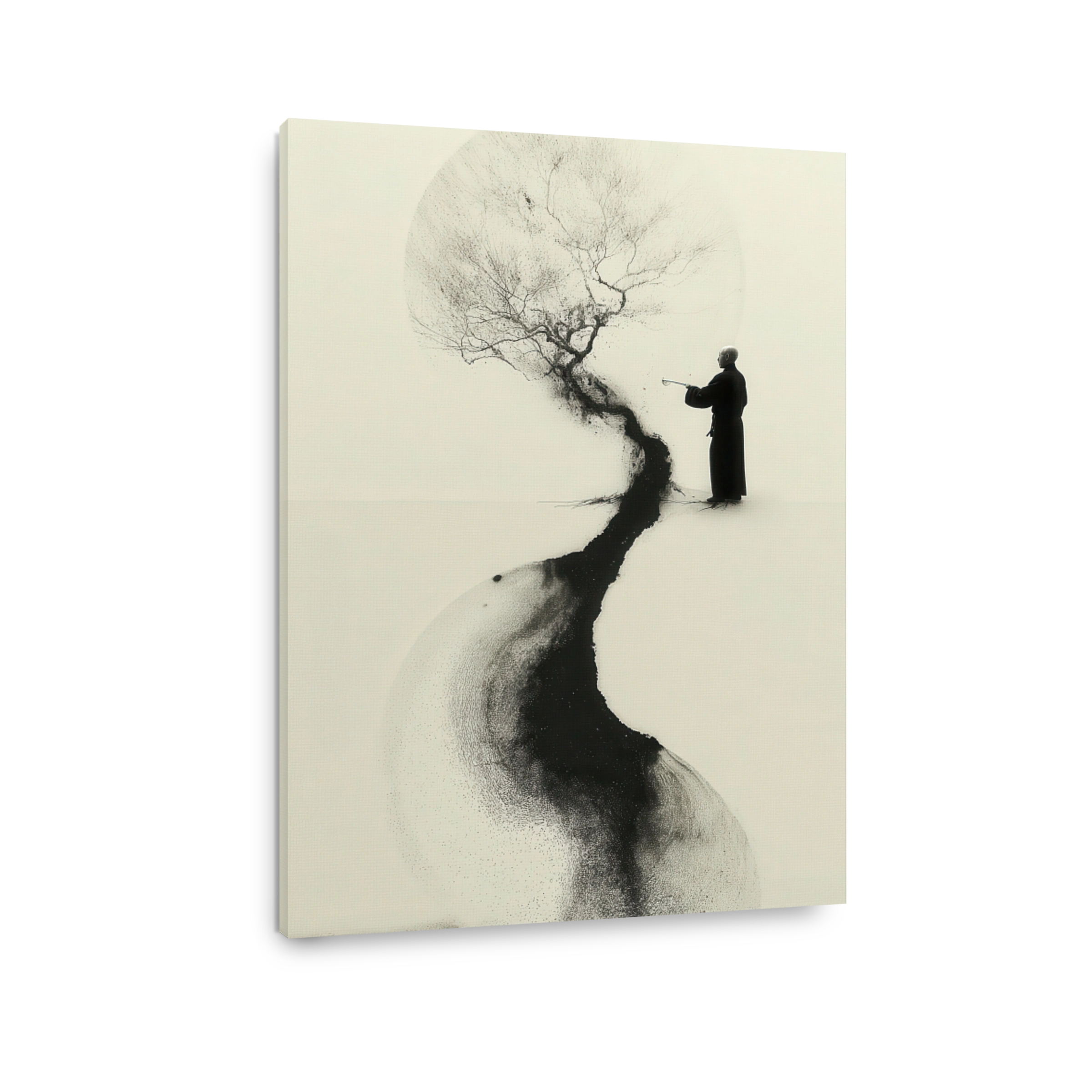 Serene Monk and Tree Ink Wash Painting
