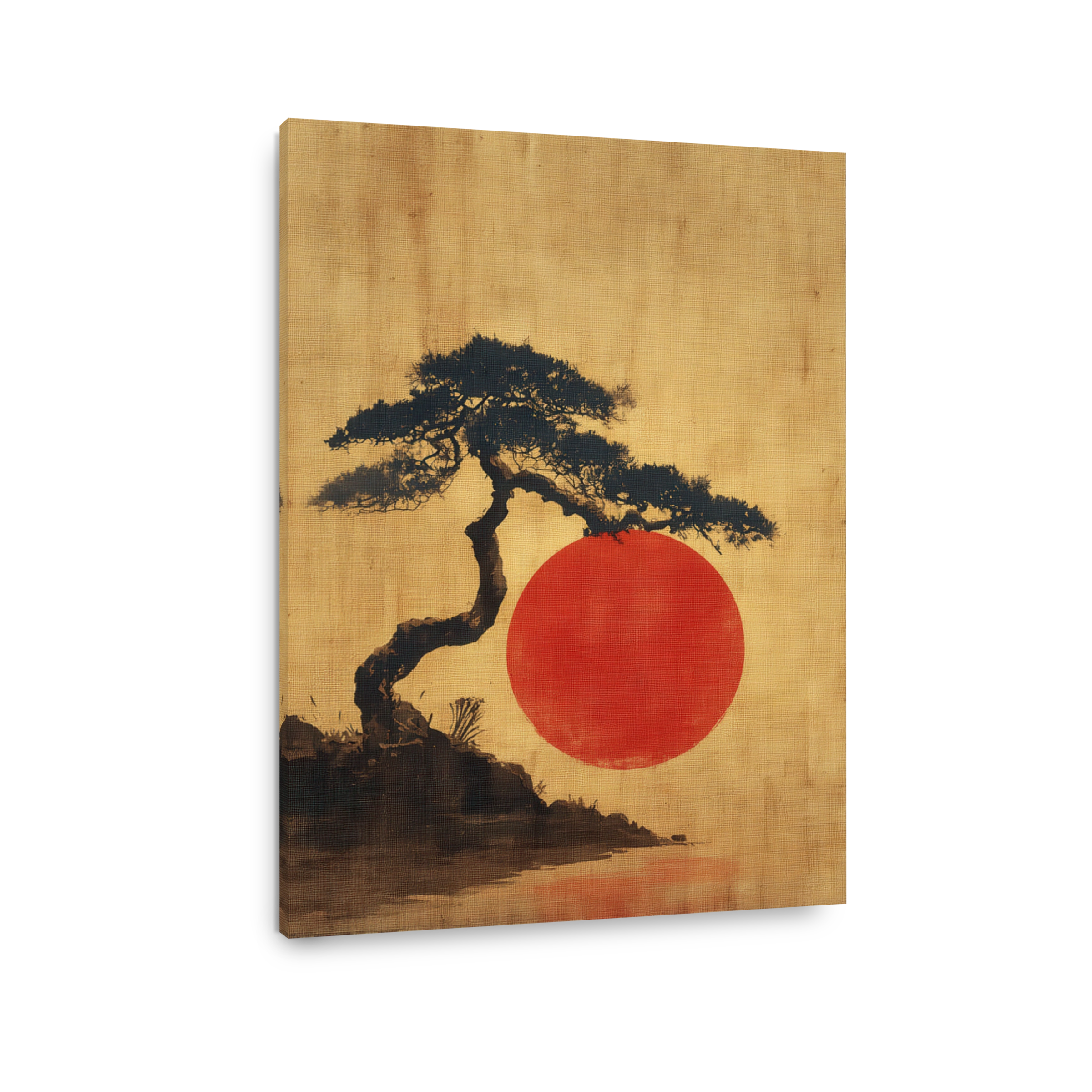 Serene Bonsai Tree with Red Sun Digital Art