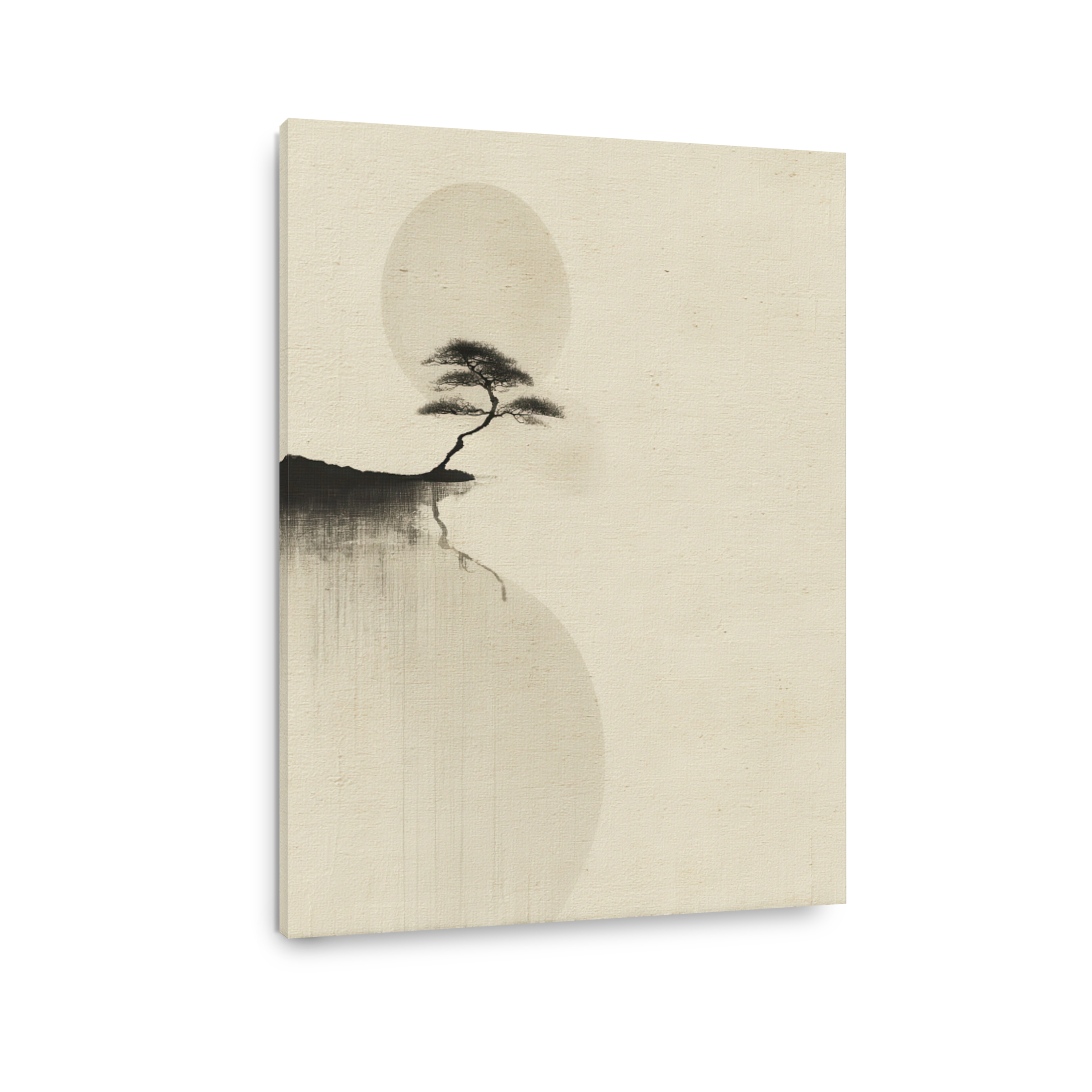 Serene Bonsai Tree Ink Wash Painting