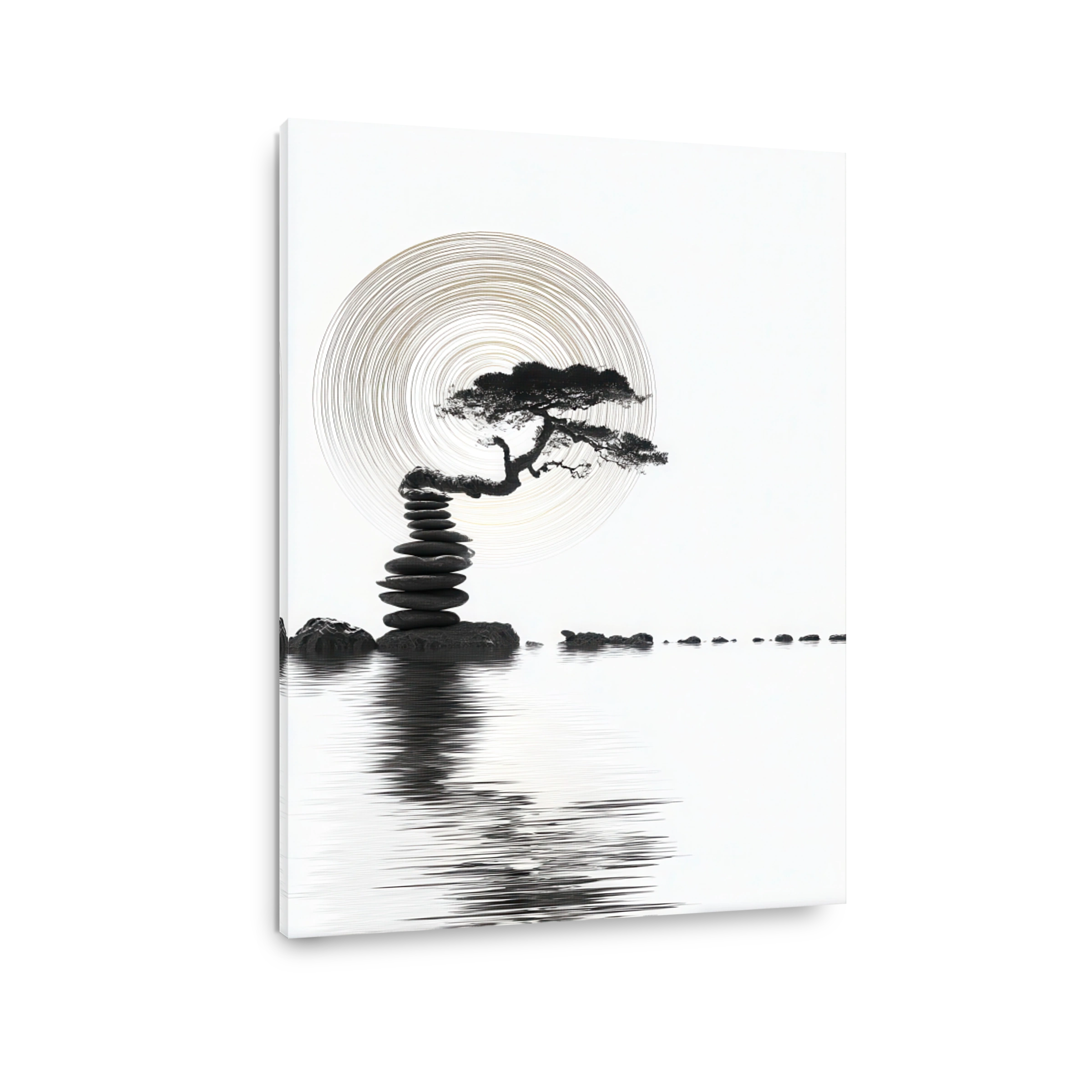 Serene Bonsai Tree and Stacked Stones Art