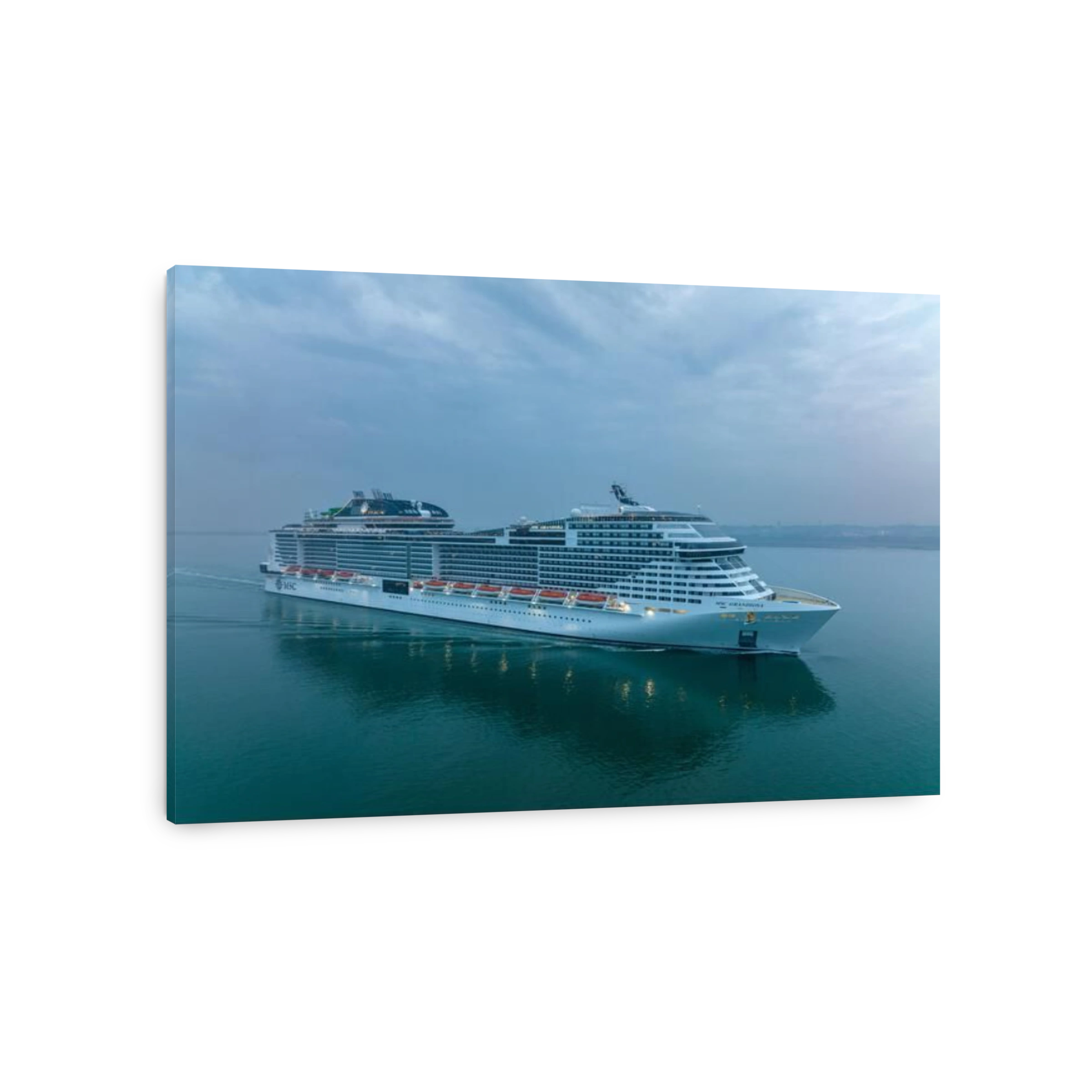 Aerial photo of MSC Grandiosa is a Meraviglia Plus-class cruise ship owned and operated by MSC Cruises, Grandiosa arriving at Southampton port.
