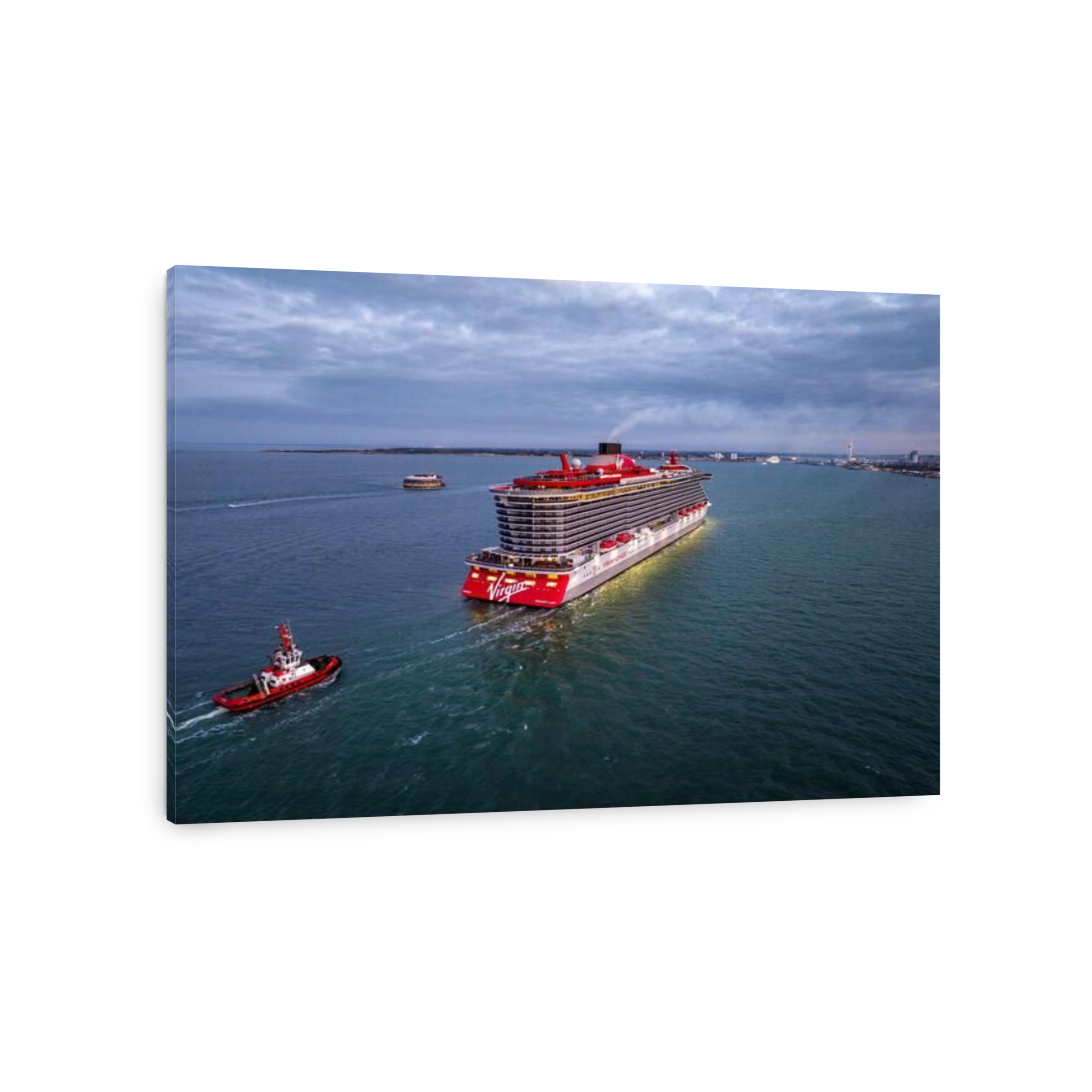 Resilient Lady Cruise Ship.  arriving at Portsmouth International Port aerial view.  Virgin Voyages.
