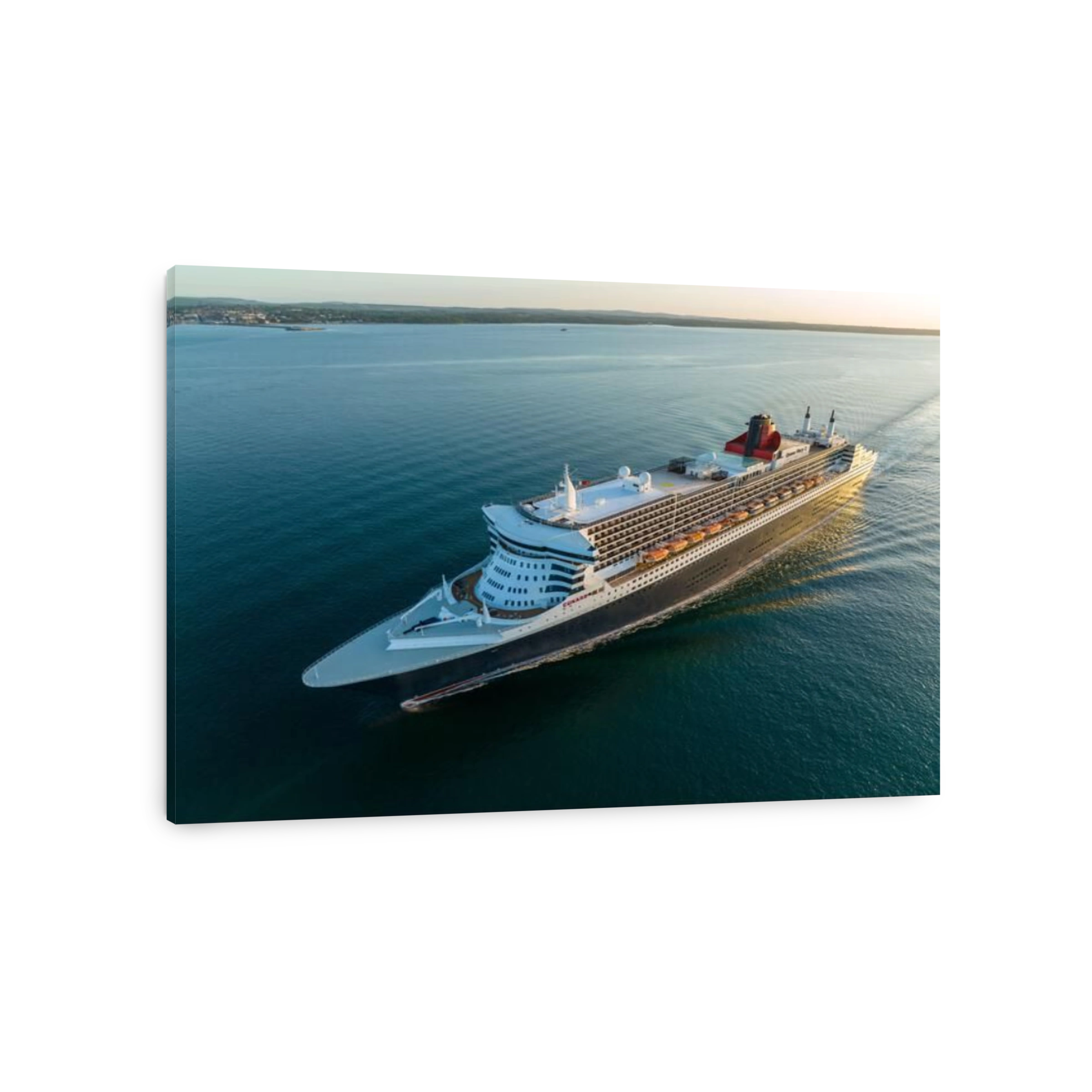 Cunard's RMS Queen Mary 2  leaving from Southampton, destination New York.  Aerial views as the transatlantic ocean liner crosses the Solent waters.