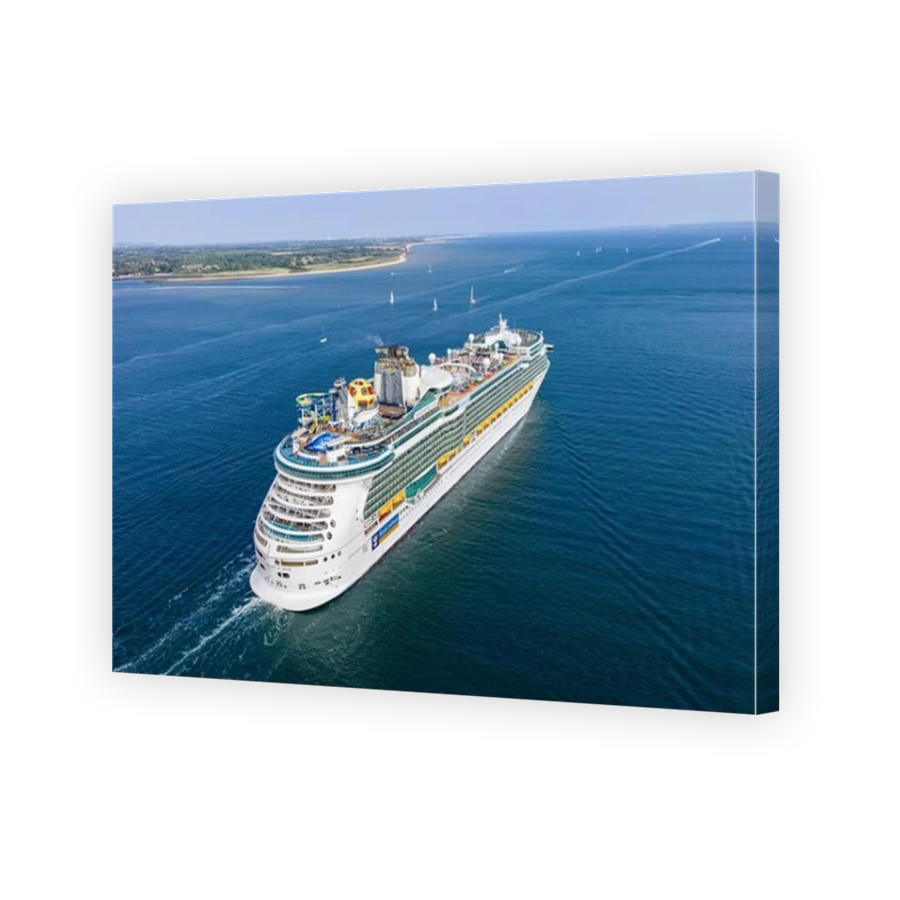Aerial view of Royal Caribbean’s Independence of the Seas cruise ship, showcasing its size, decks, and ocean scenery.