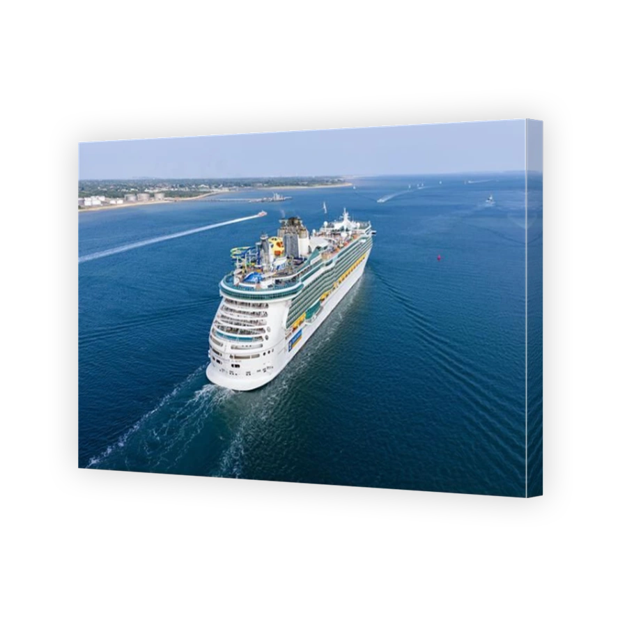 Aerial view of Royal Caribbean’s Independence of the Seas cruise ship, showcasing its size, decks, and ocean scenery.