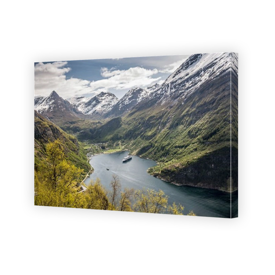 Norway, Geiranger, Geiranger fjord. Aerial view on village and cruise ship MS Rotterdam of Holland America line