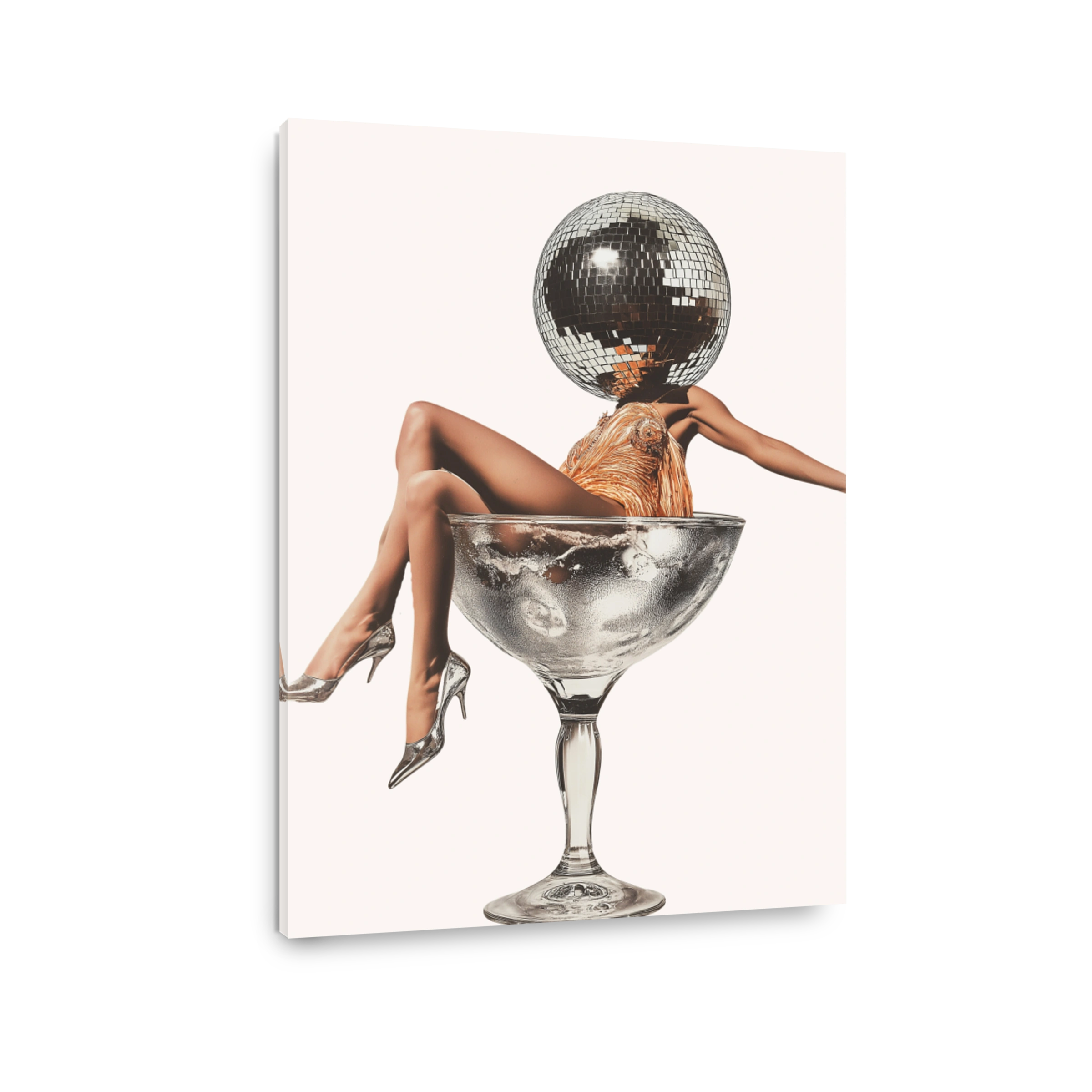 Disco Ball Head Woman in Champagne Glass
