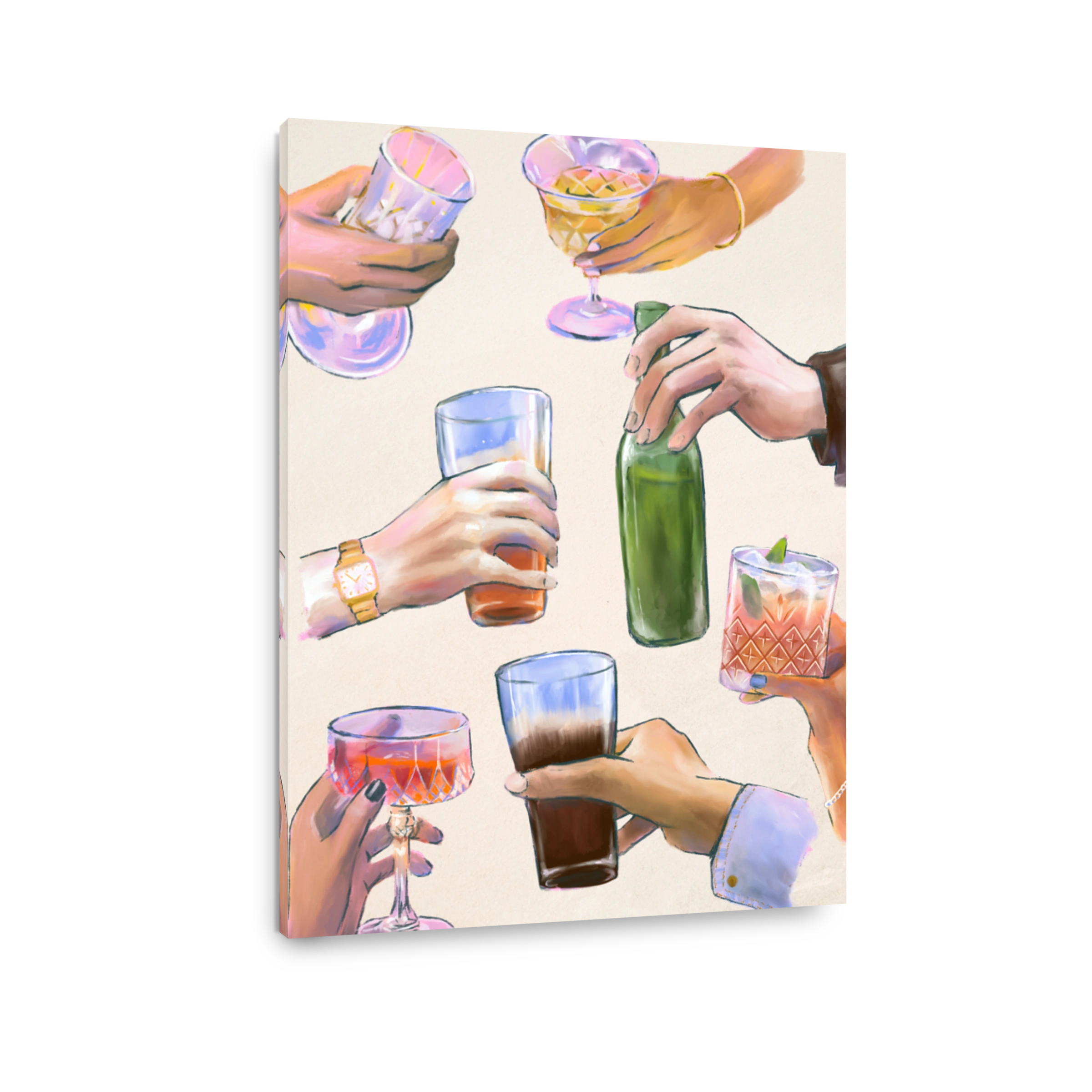 Hands toasting with colourful cocktails
