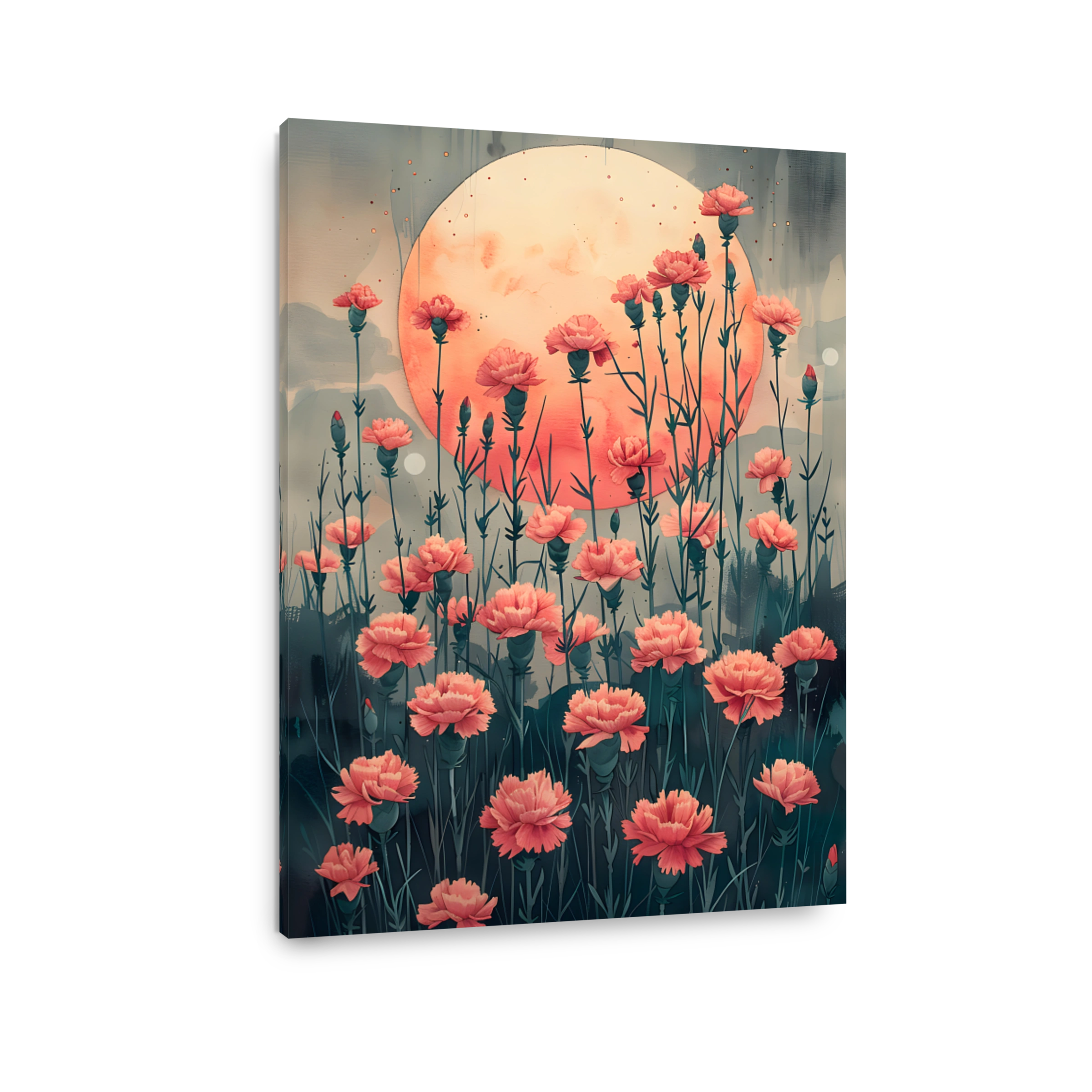 Coral Carnations Against a Full Moon