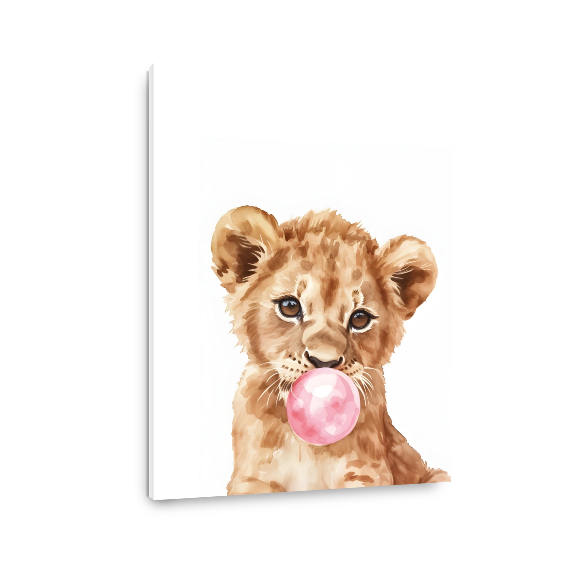 Playful Lion Cub Blowing Pink Bubblegum Watercolour Art