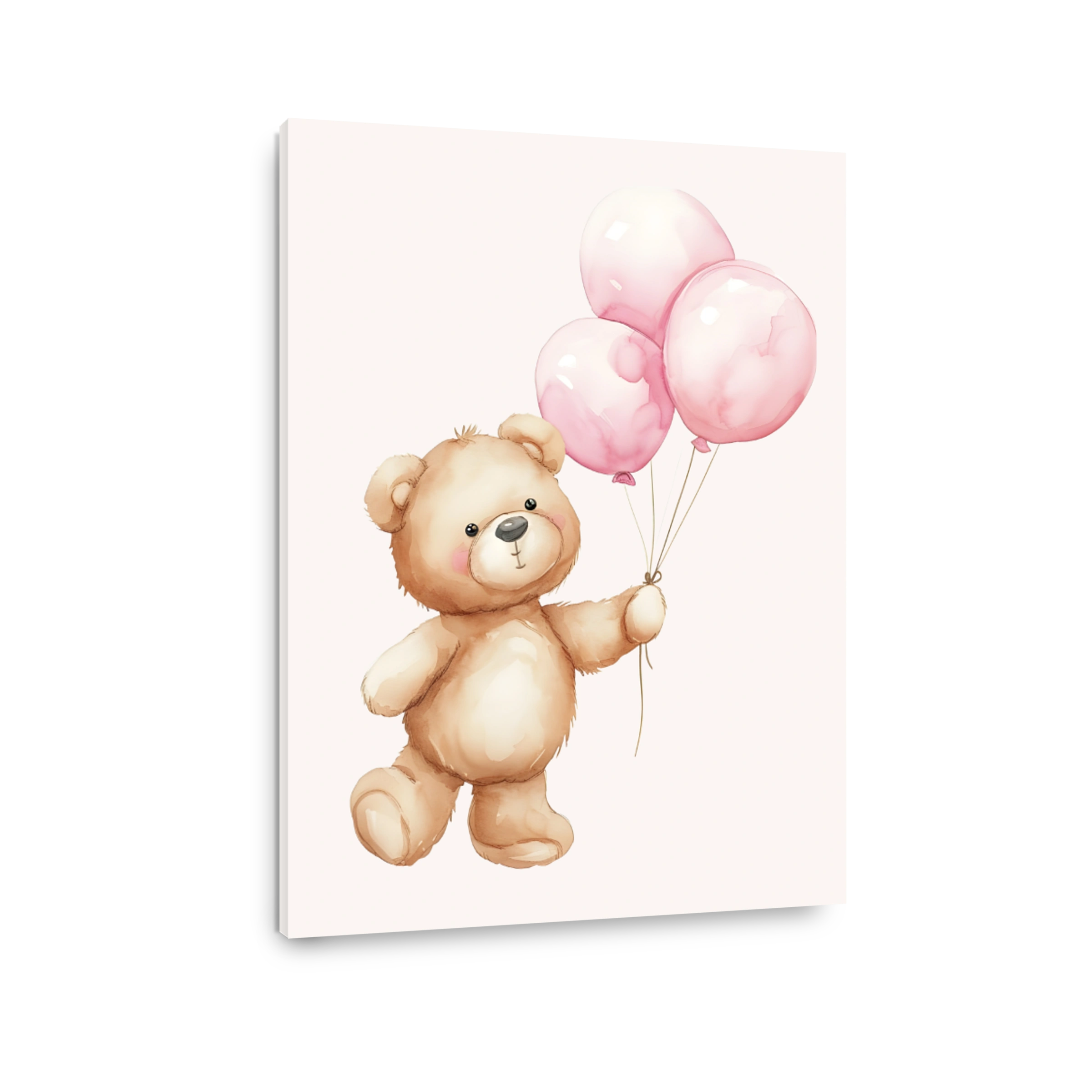 Playful Teddy Bear Holding Pink Balloons Watercolor Art