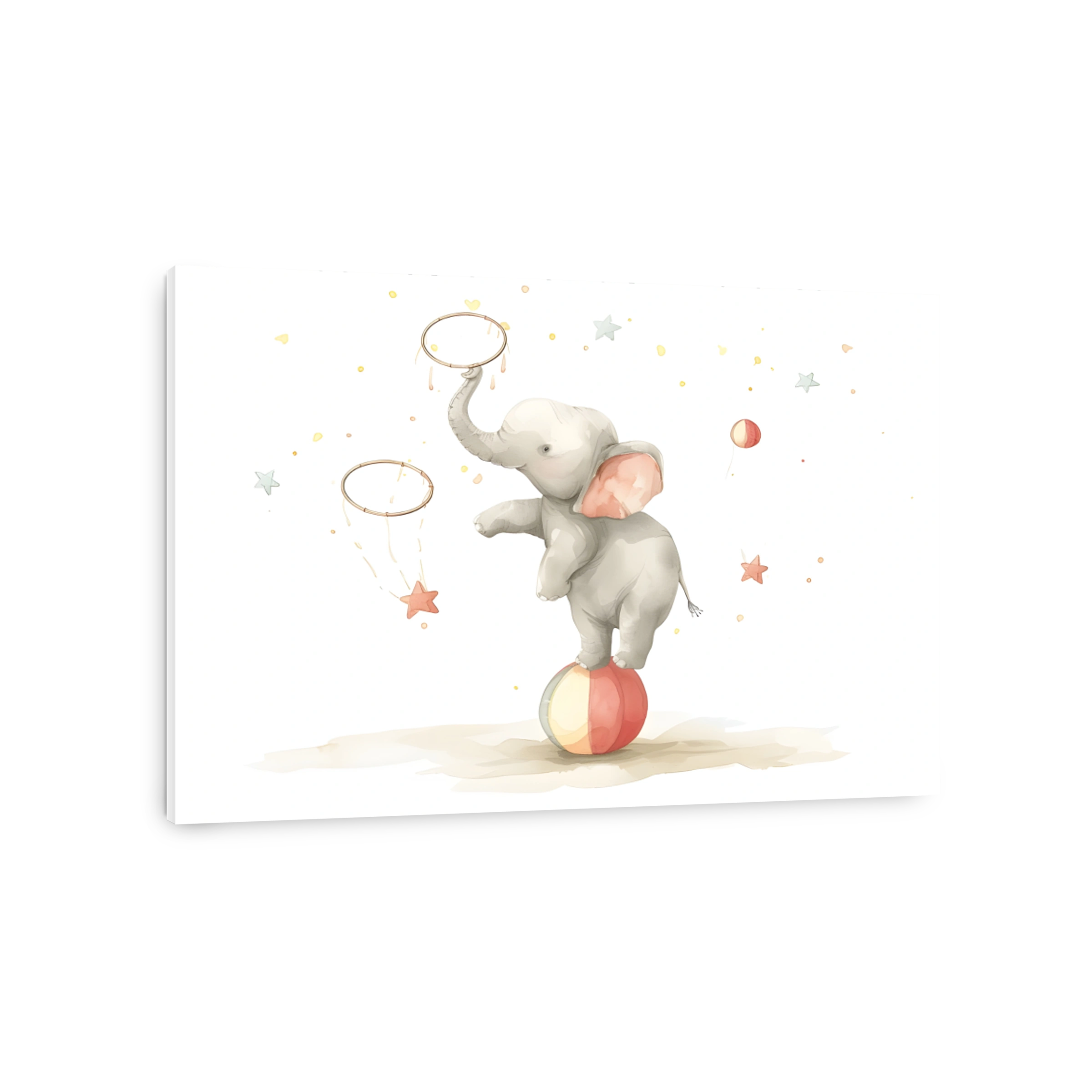 Playful watercolour elephant balancing on a ball