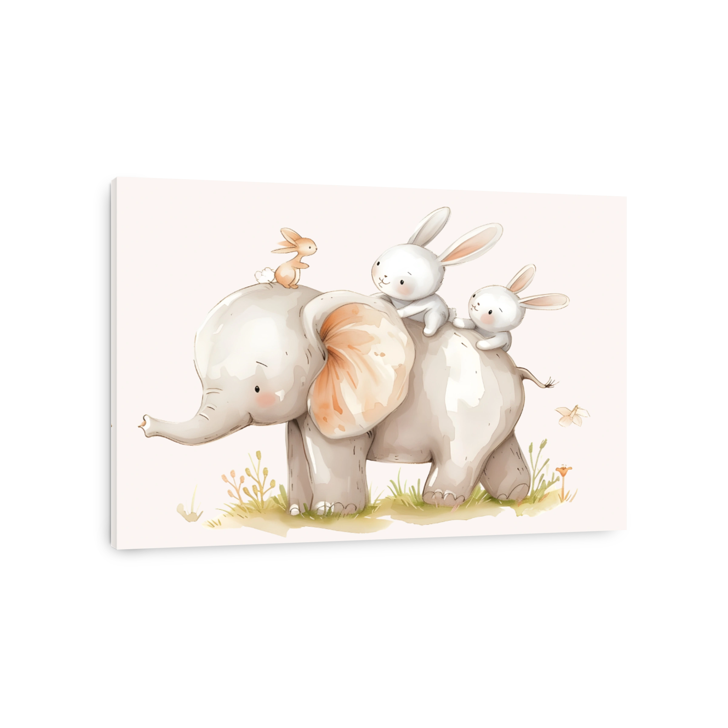 Playful Elephant and Bunnies Watercolor Art
