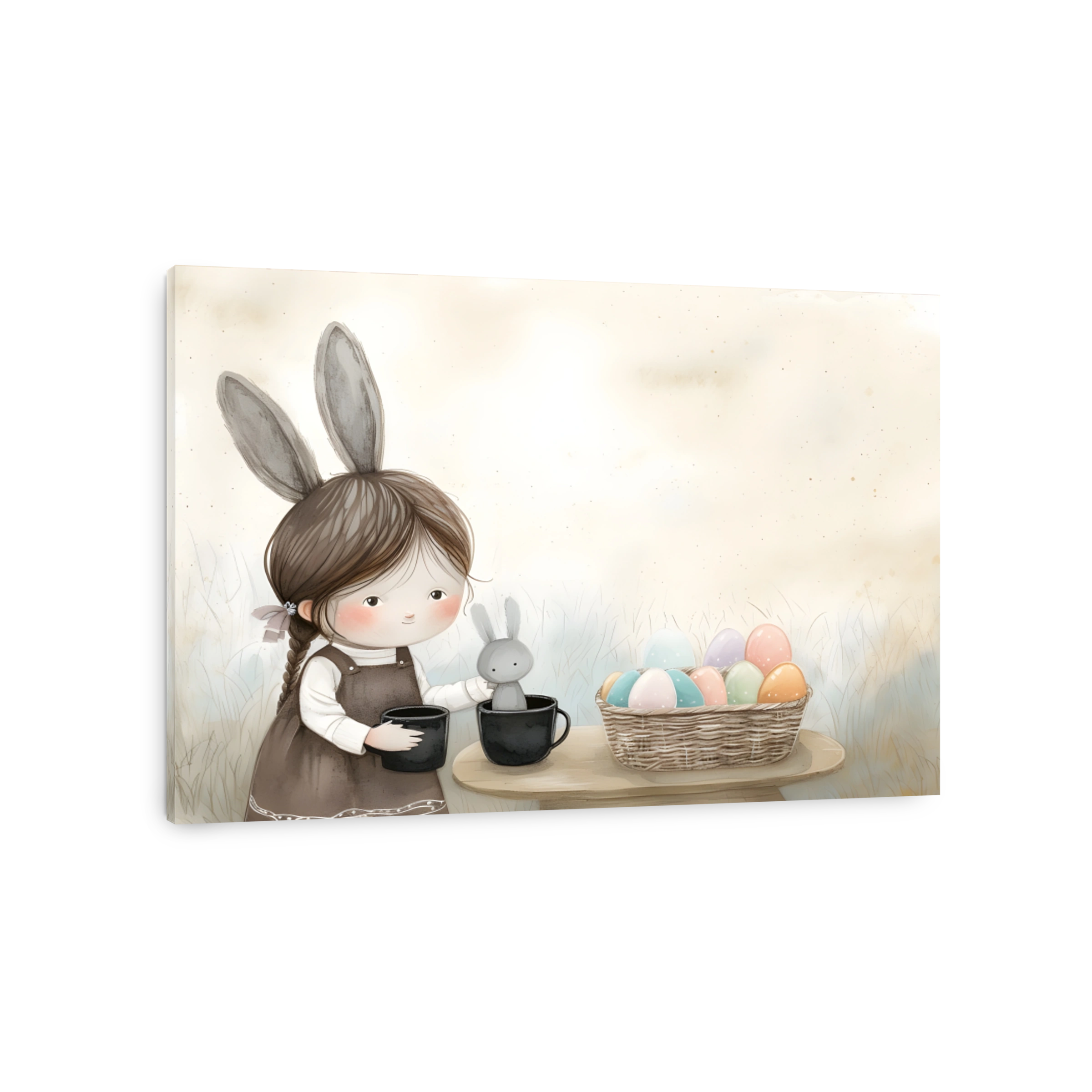 Whimsical Girl with Bunny Ears and Easter Eggs Illustration