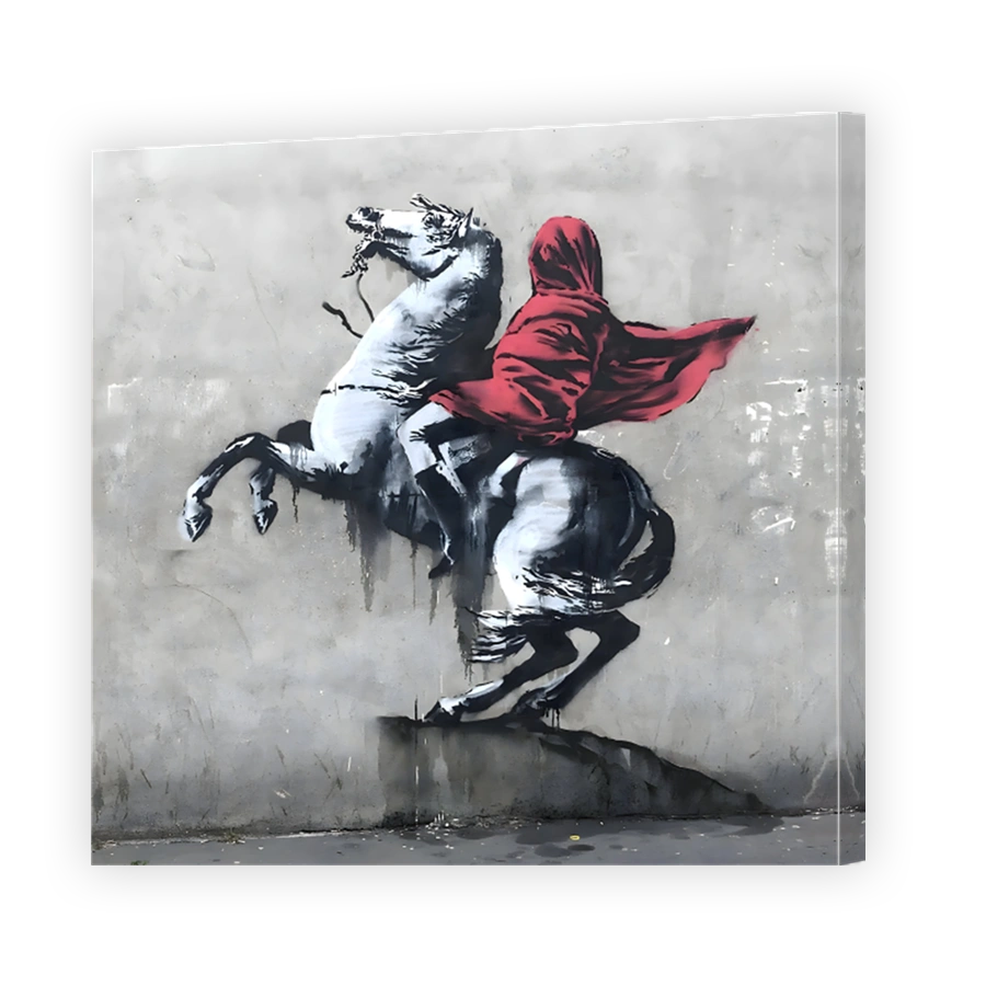 Dramatic street art of a figure on horseback