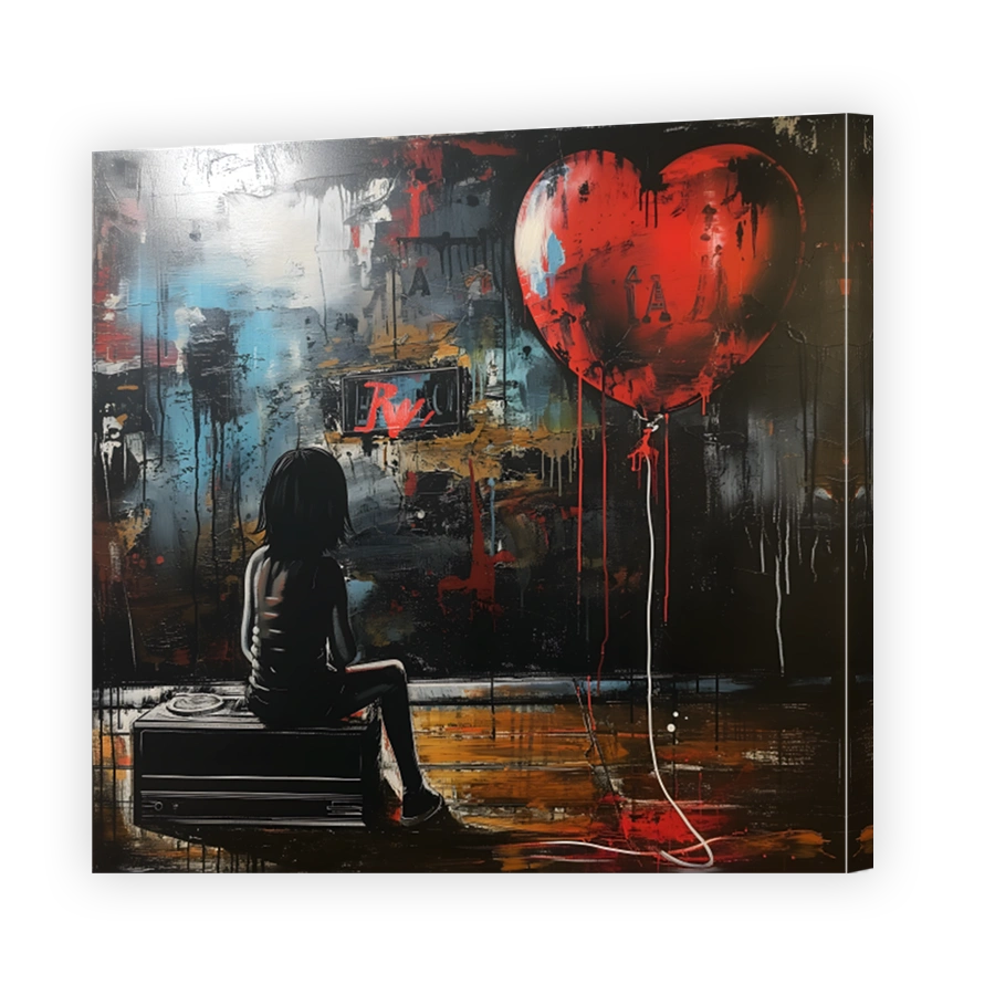 Melancholic Child with Red Balloon Mixed Media Art