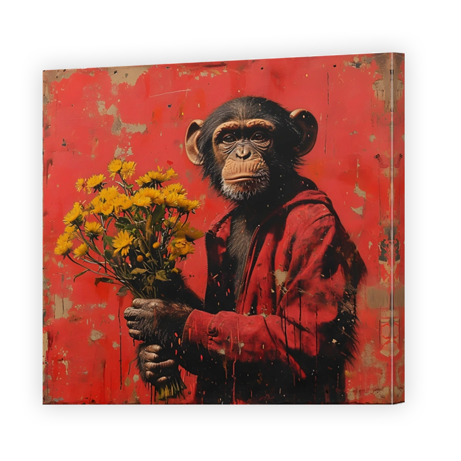 Monkey holding yellow flowers in red jacket