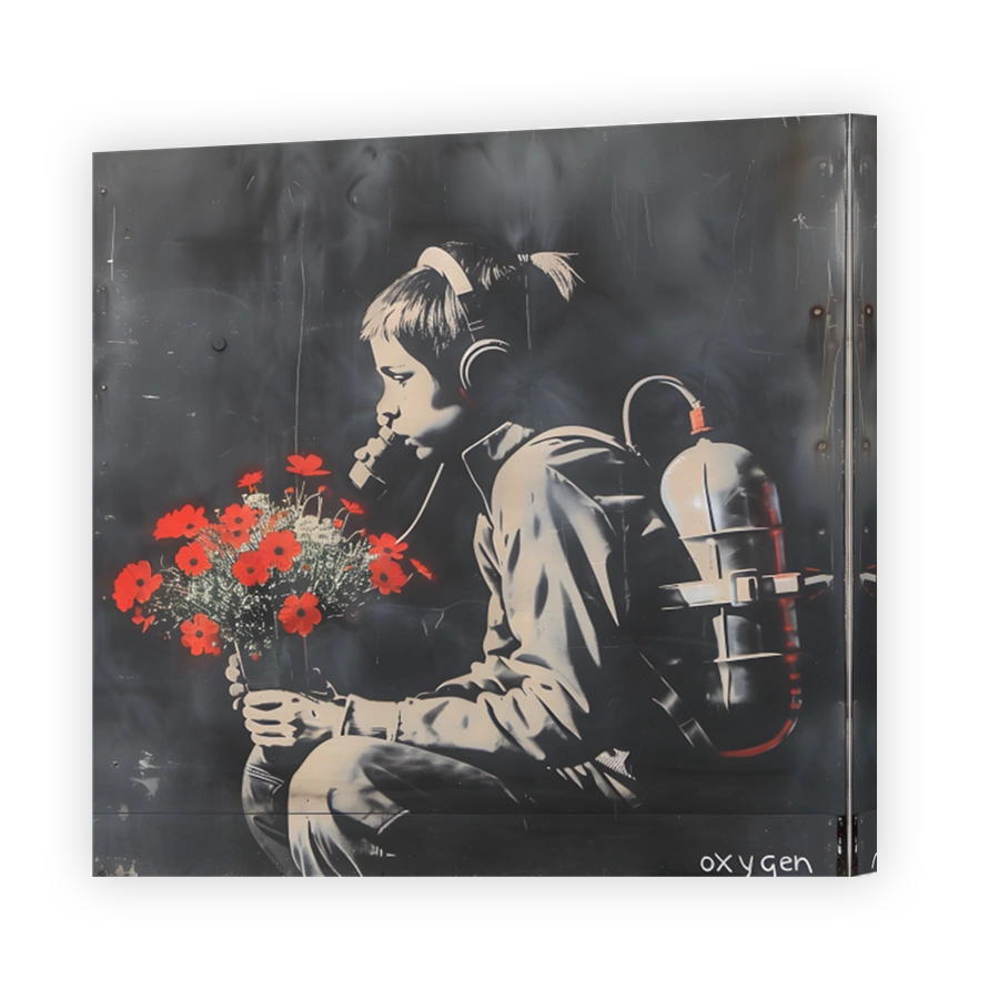 Child with oxygen tank and flowers stencil art