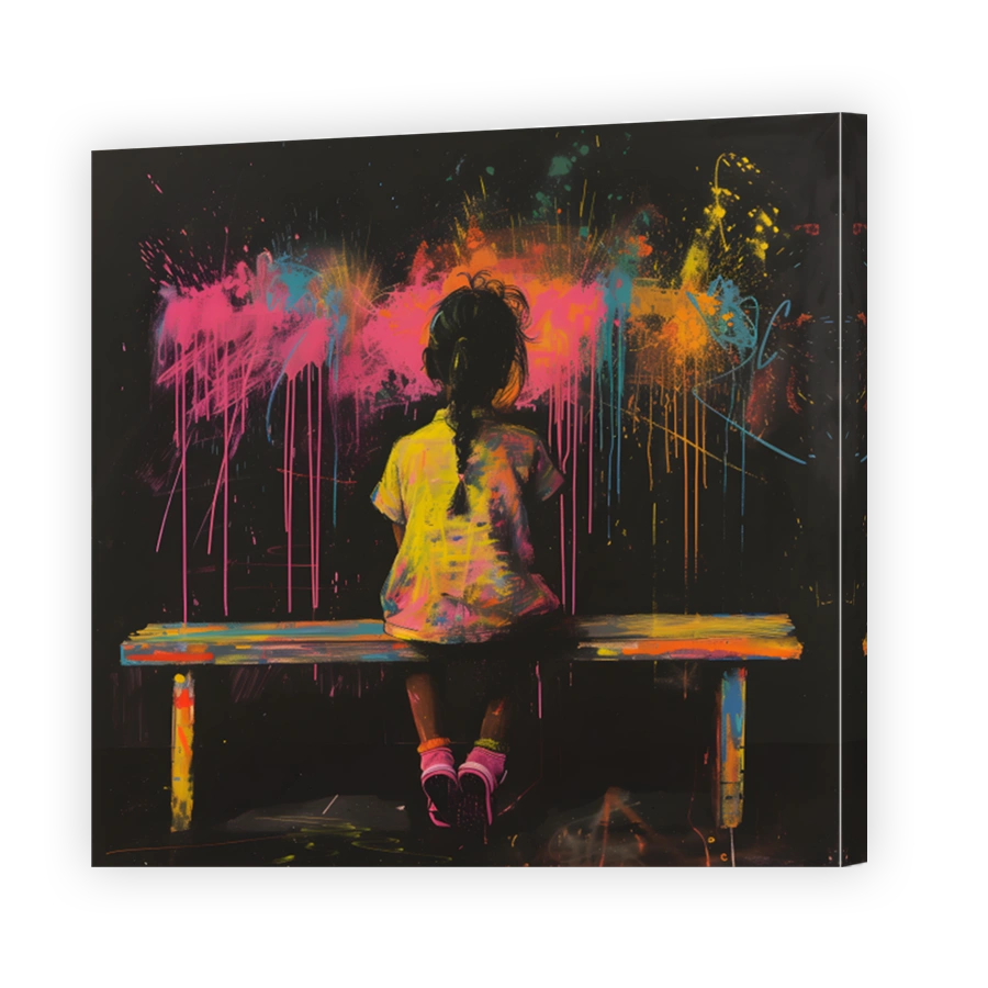 Young girl on bench with colourful street art