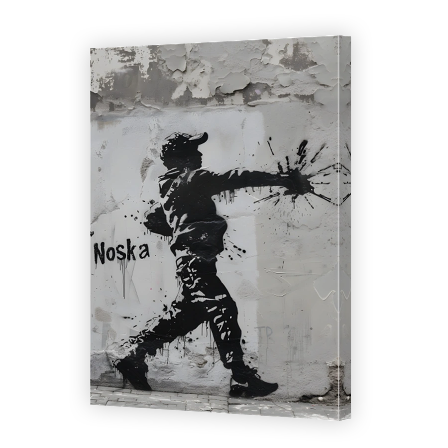 Street art of a man punching in profile