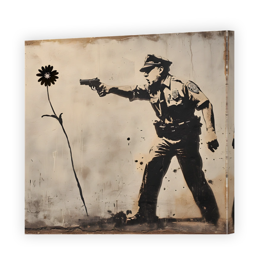 Police Officer Pointing Gun at Flower Street Art