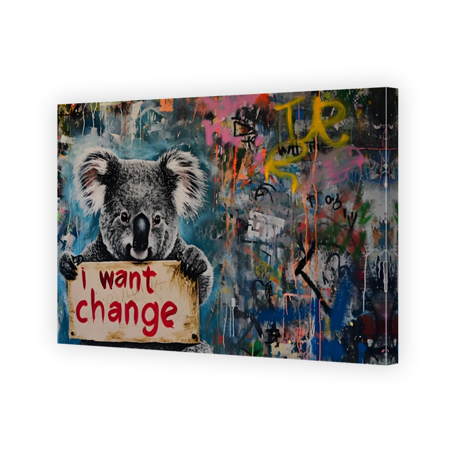 Koala holding sign 'I want change' mixed media art