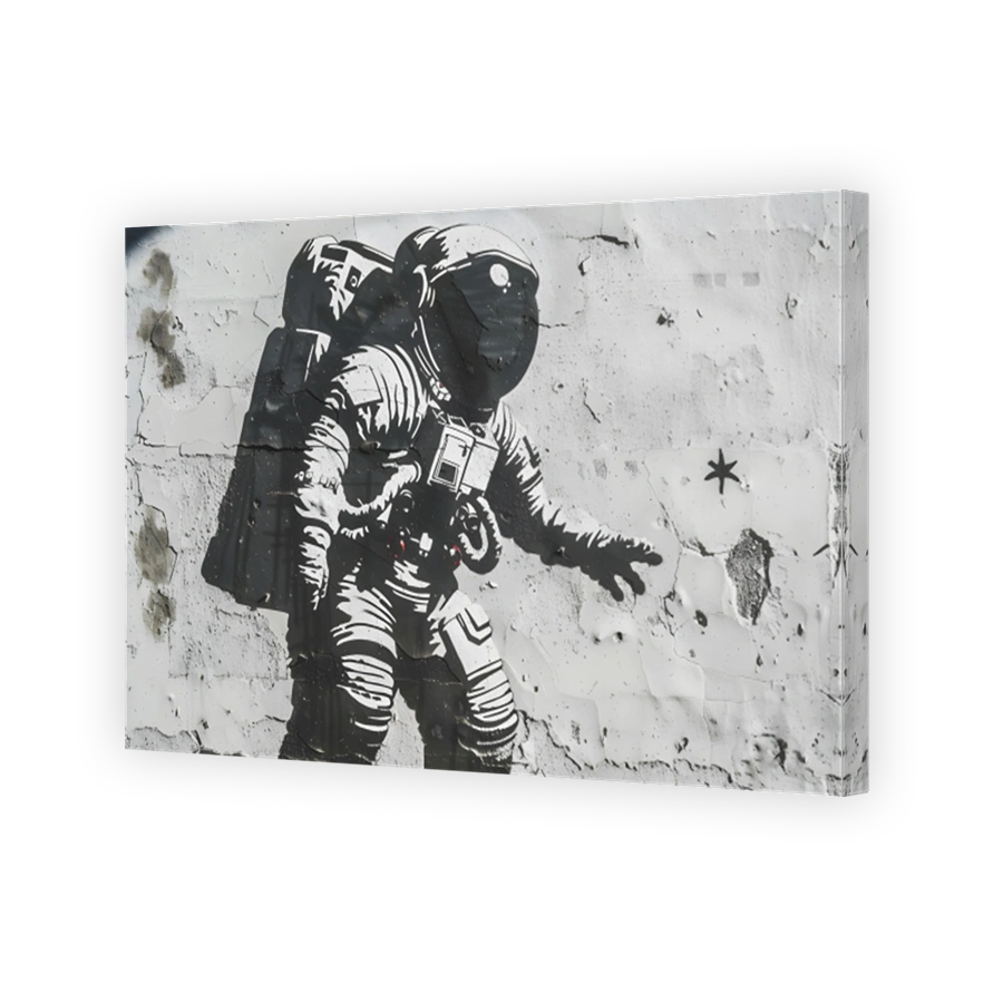 Astronaut stencil art on cracked wall