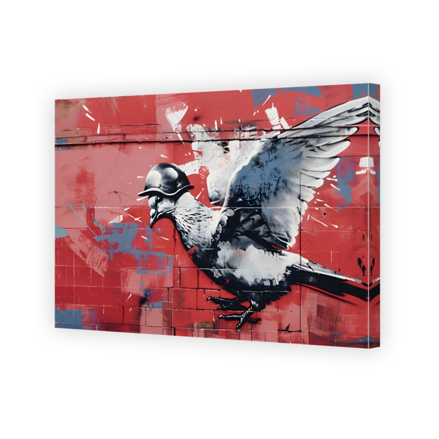 Street art pigeon wearing a helmet