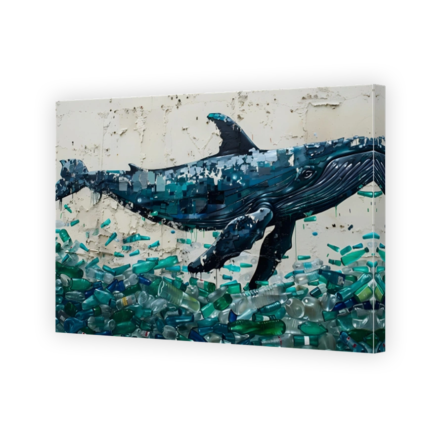 Whale swimming through plastic bottles street art