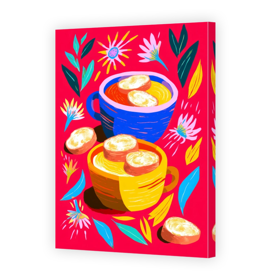 Vibrant soup with bread slices and floral elements