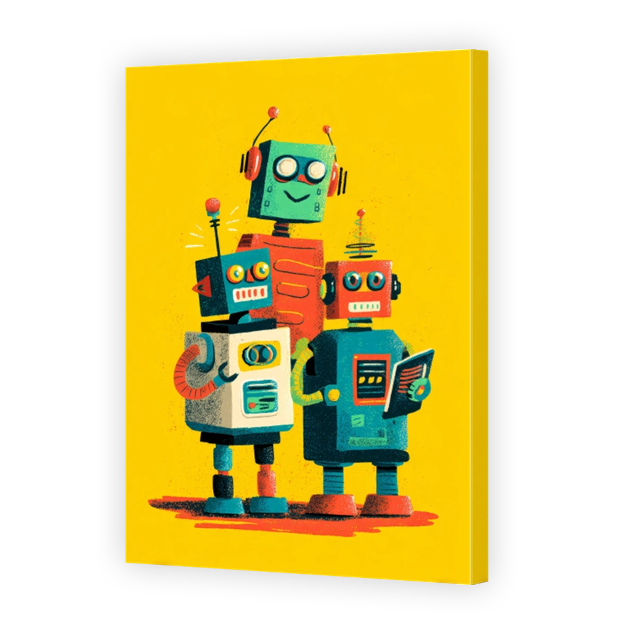 Playful robots in vibrant digital art