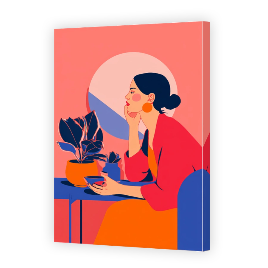 Contemplative woman with plants and coffee