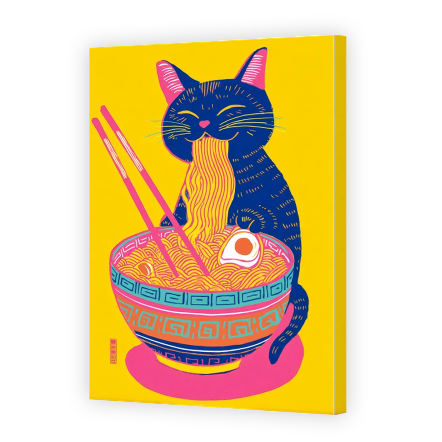 Quirky Cat Enjoying a Bowl of Ramen