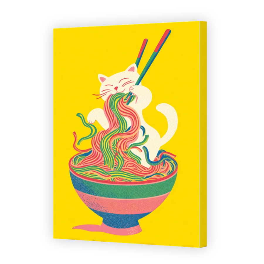 Playful Cat Eating Colourful Noodles