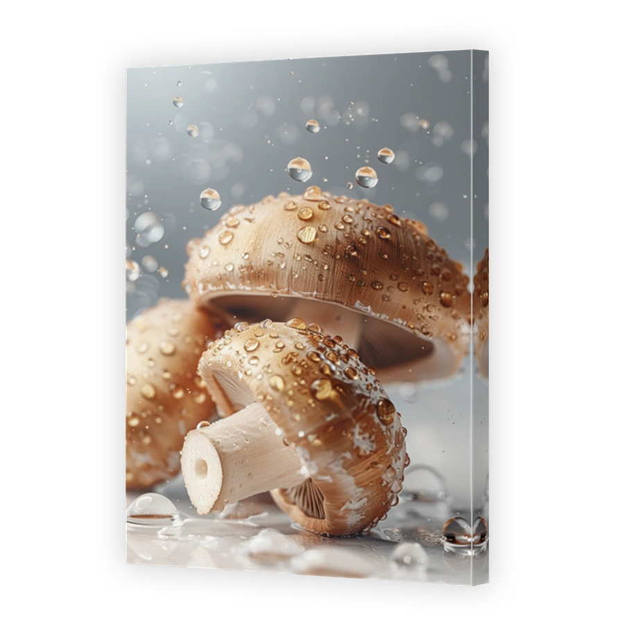 Close Up Of Button Mushroom Lying On A Background With Water Drops 3