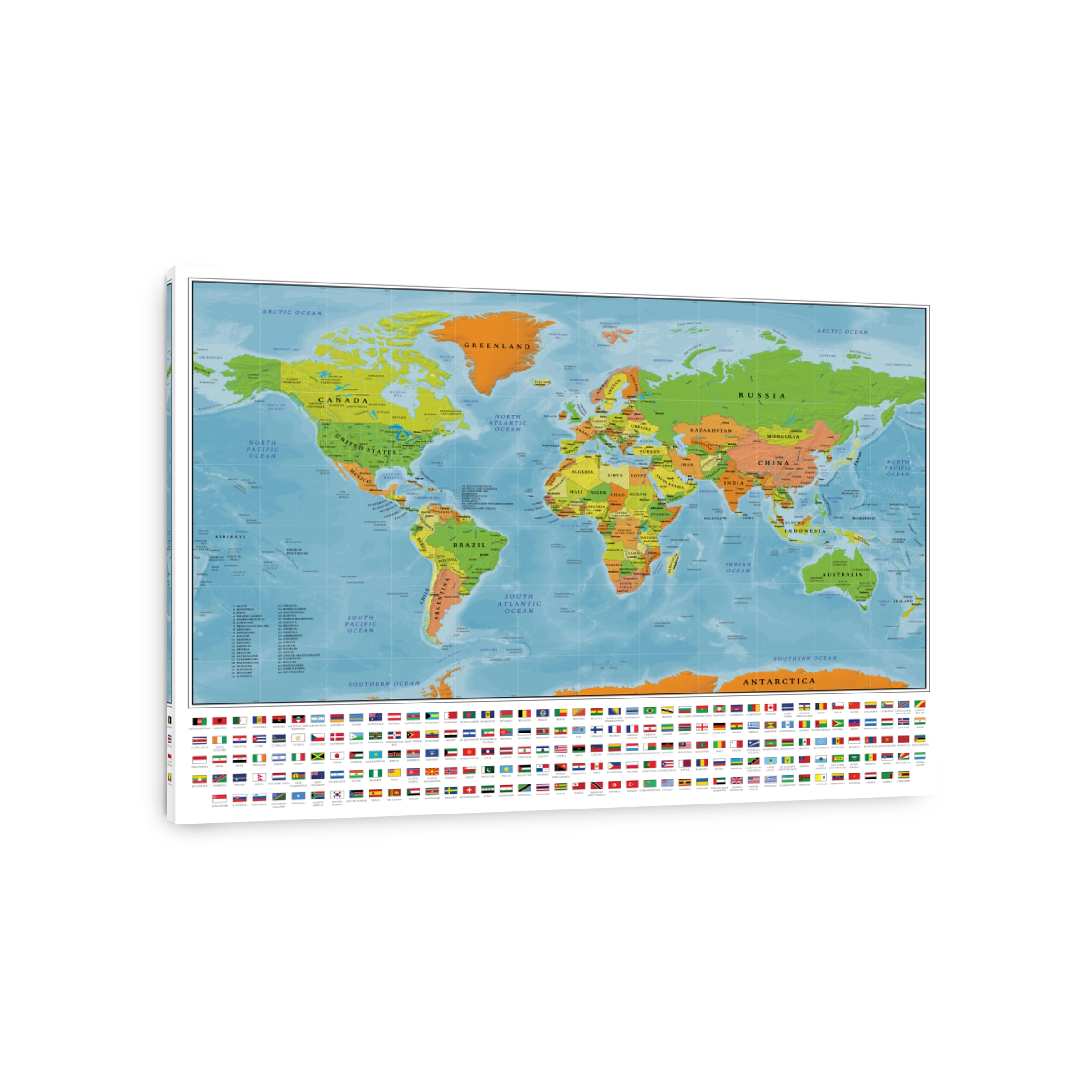World Map coloured countries with Flags 36x48 with ocean