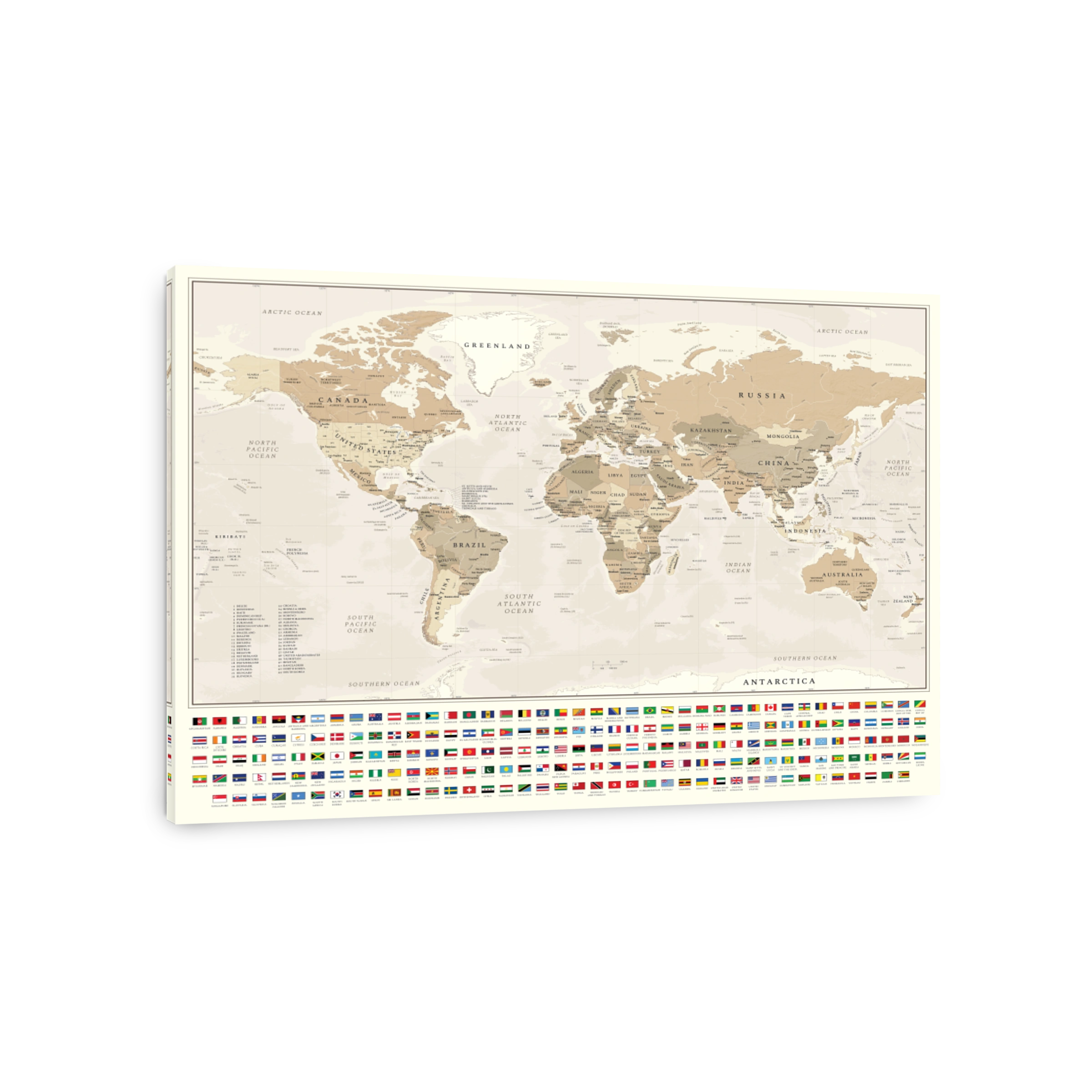 World Map with Flags Earth Tone Dark 36x48